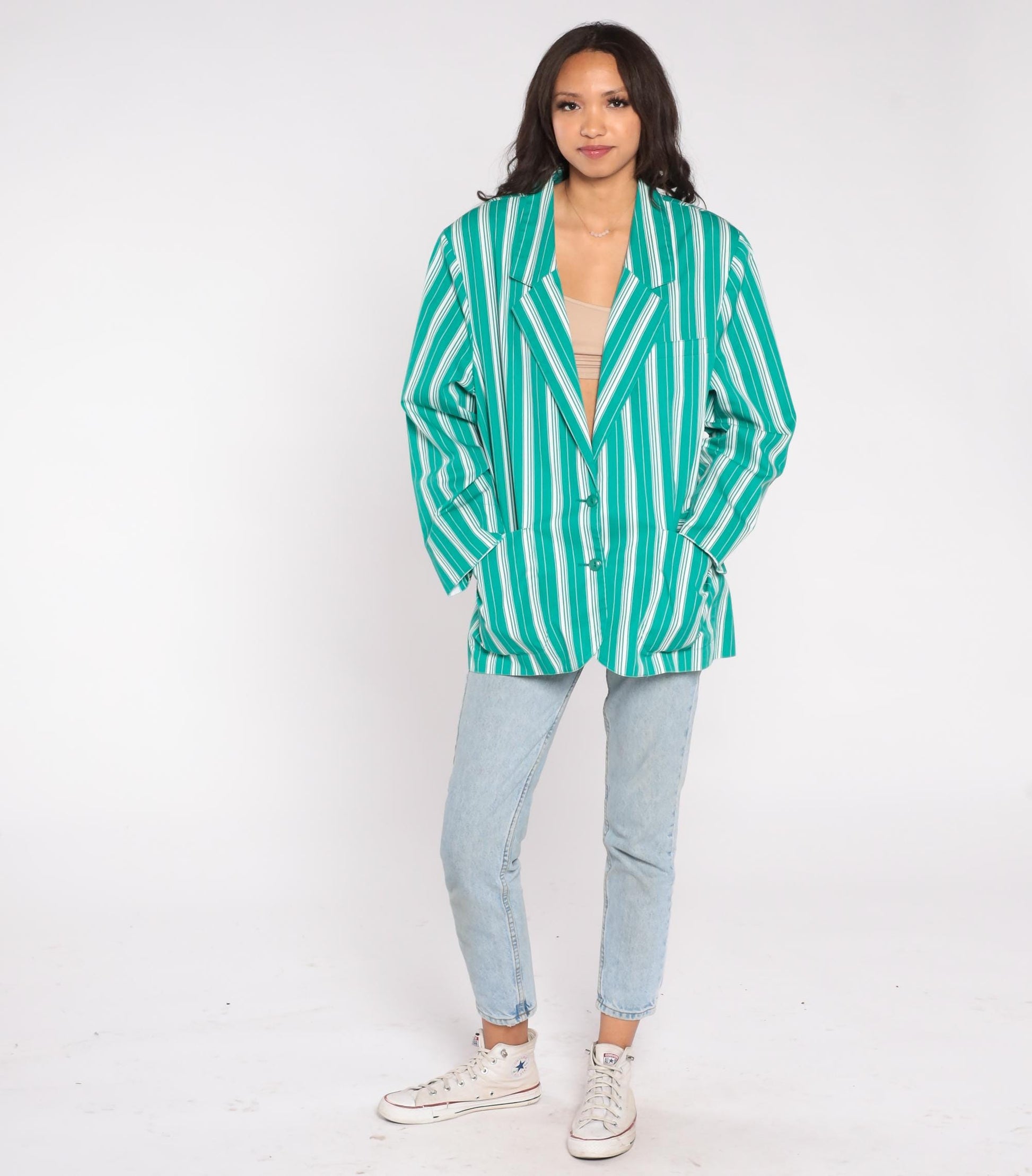90s Leslie Fay Green Striped Cotton Blazer Plus Size XXL