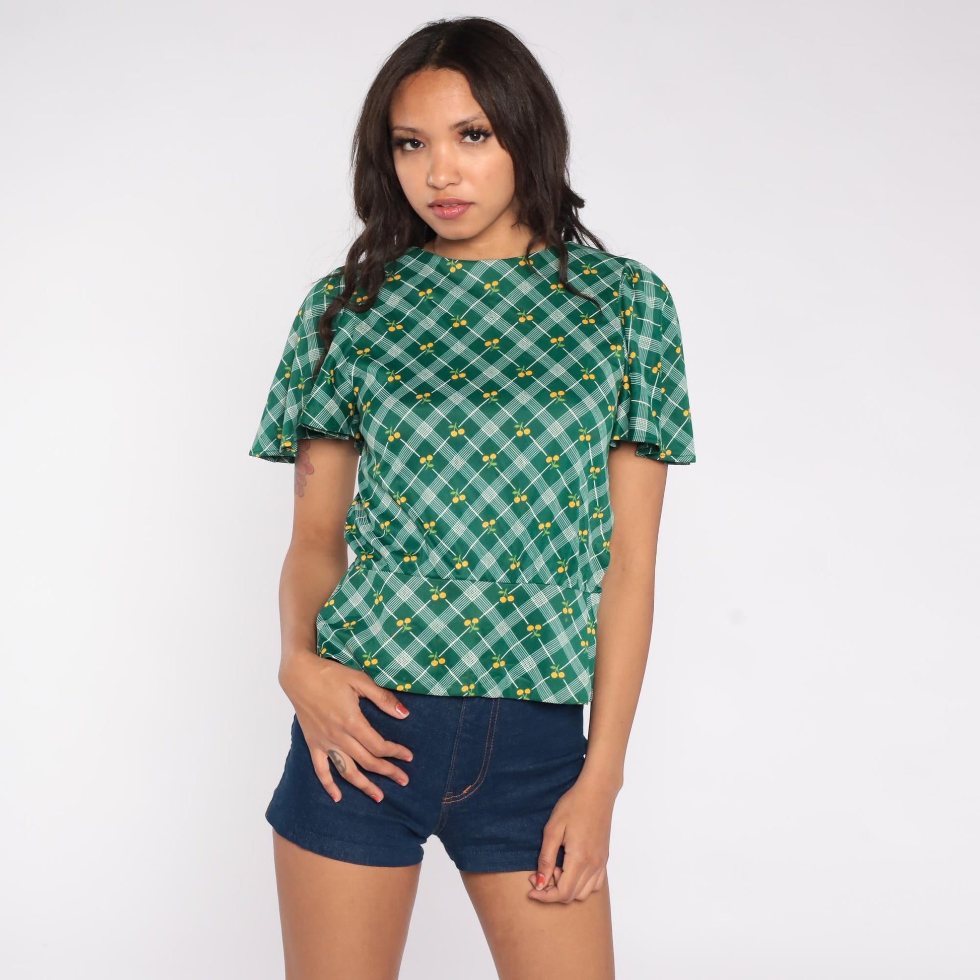 70s Green Argyle Cherry Print Blouse Flutter Sleeve Small S