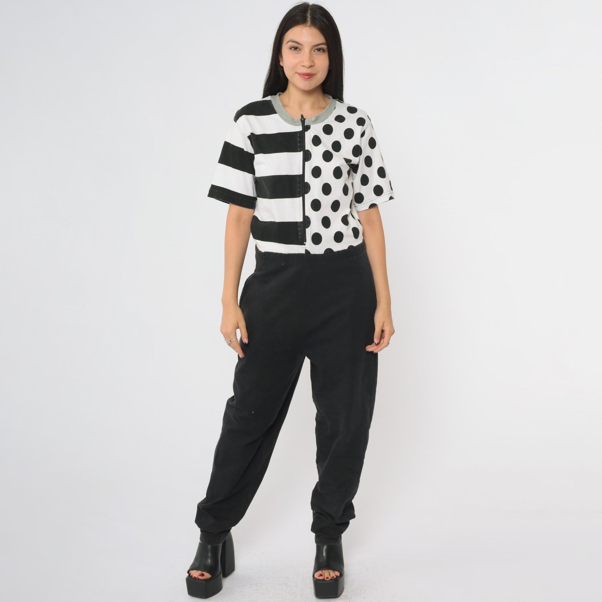 90s Black White Jumpsuit Mixed Print Polka Dot Stripes Front Zip Medium M