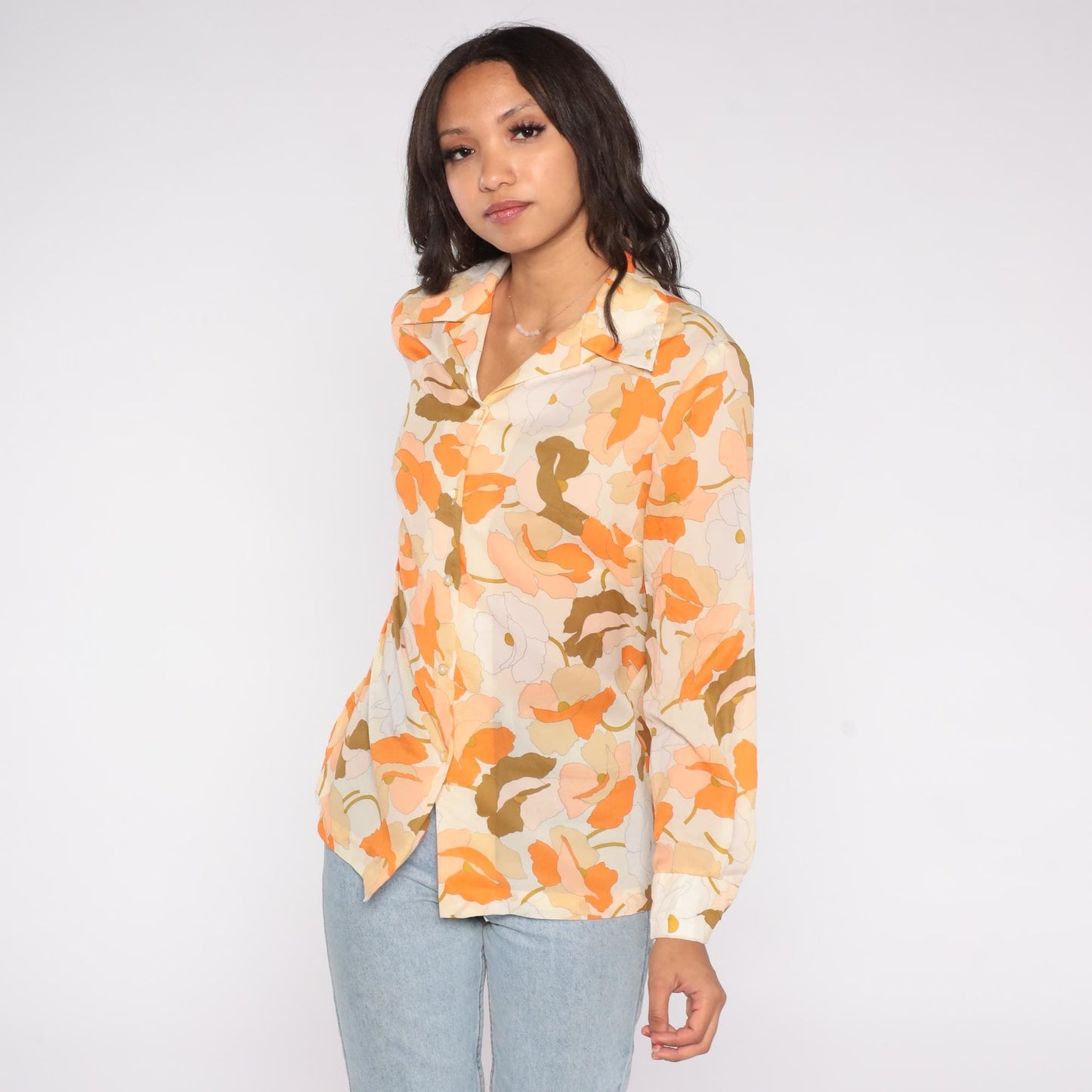 70s Alex Colman California Floral Button Blouse Orange Cream Medium