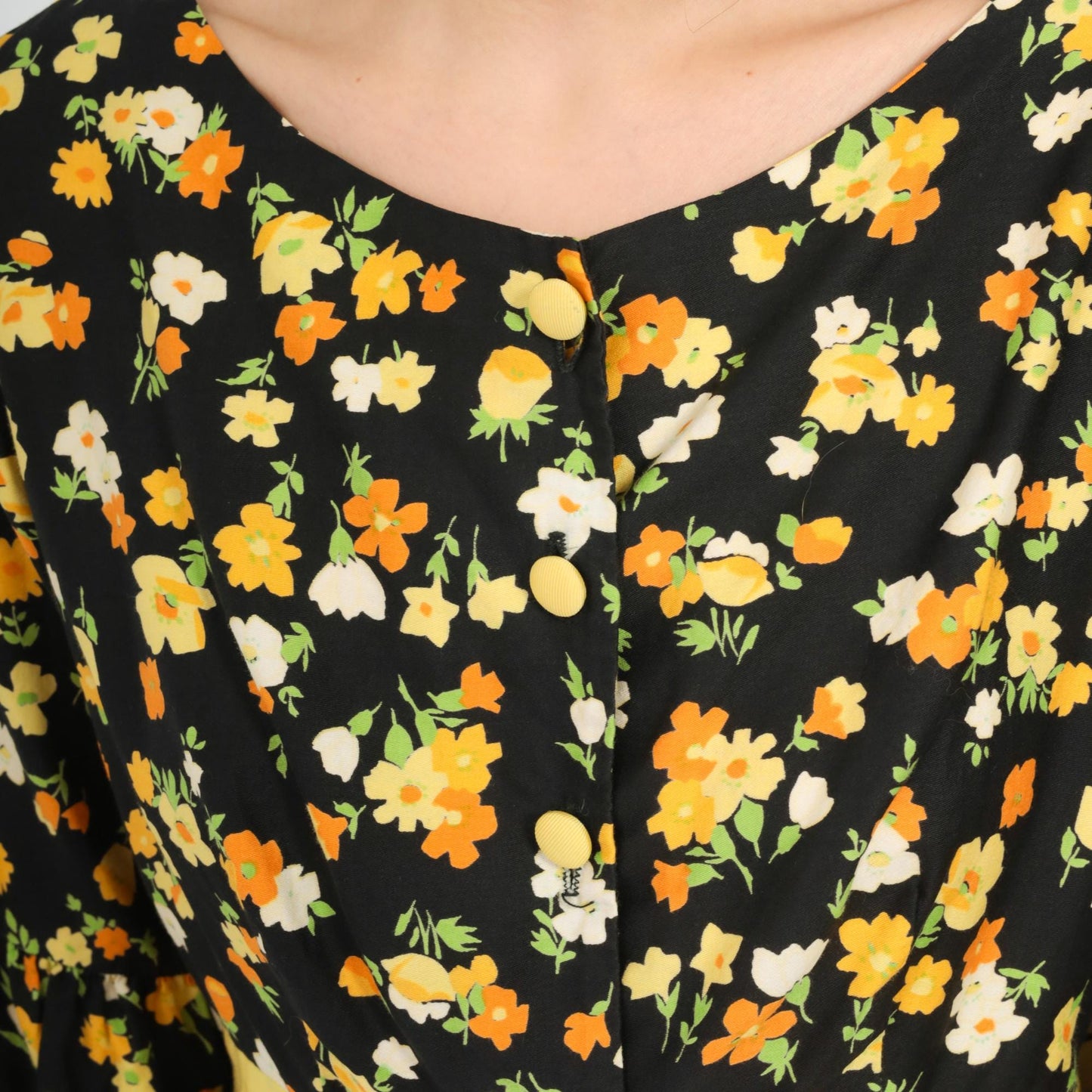 70s Lazy U Black Floral Maxi Dress Bell Sleeve Yellow Bow Large