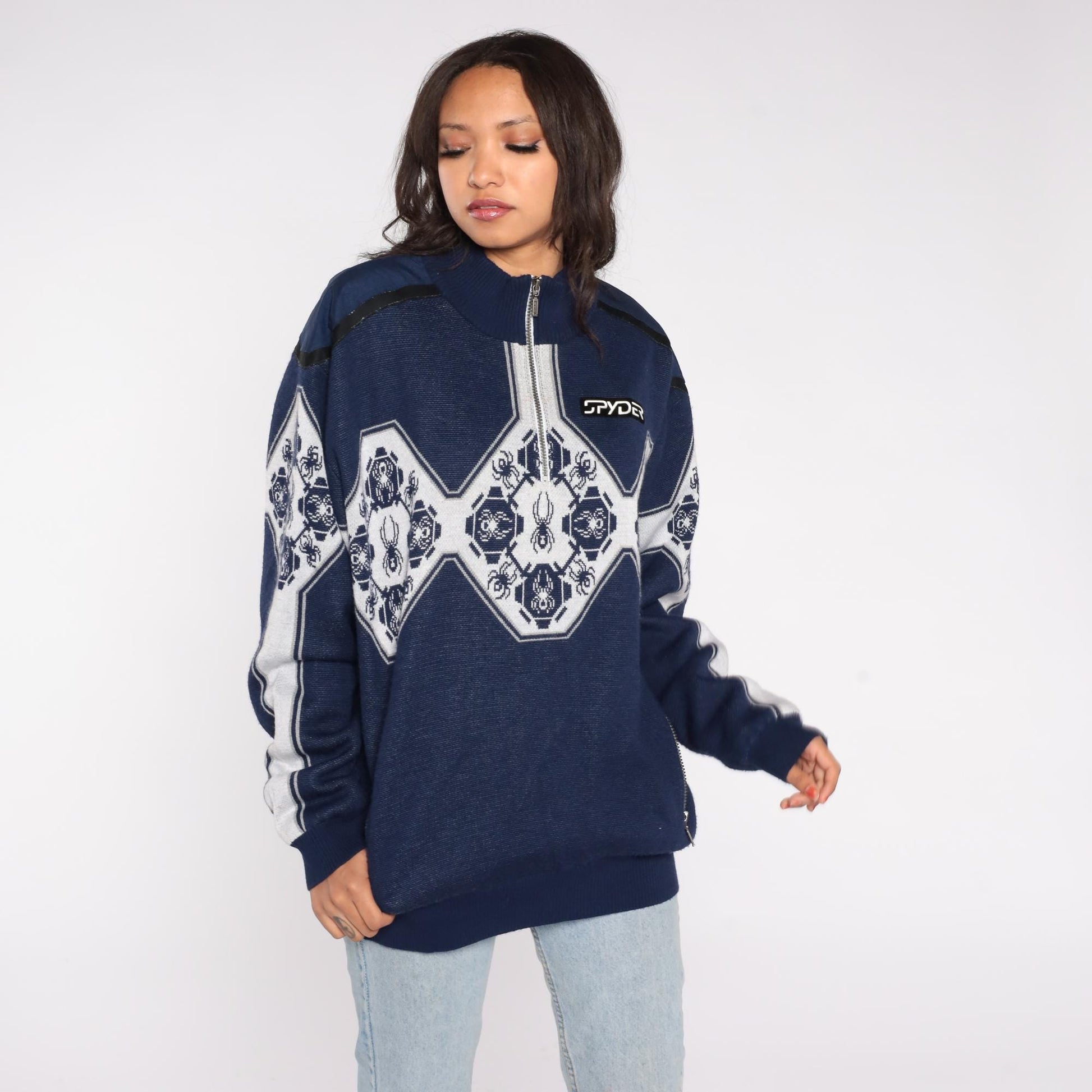 Y2K Spyder Ski Sweater Navy Blue White Geometric Half Zip Knit Extra Large XL