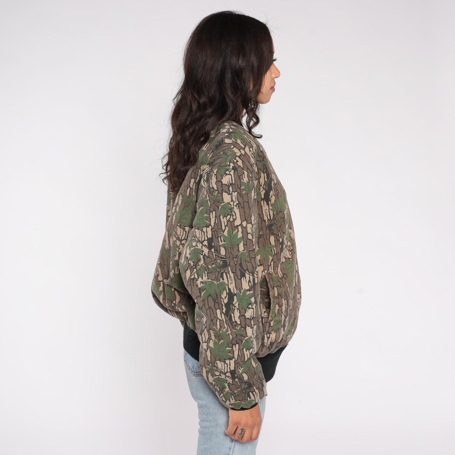90s Camo Bomber Jacket Bark Tree Leaf Print Quilted Lined Medium