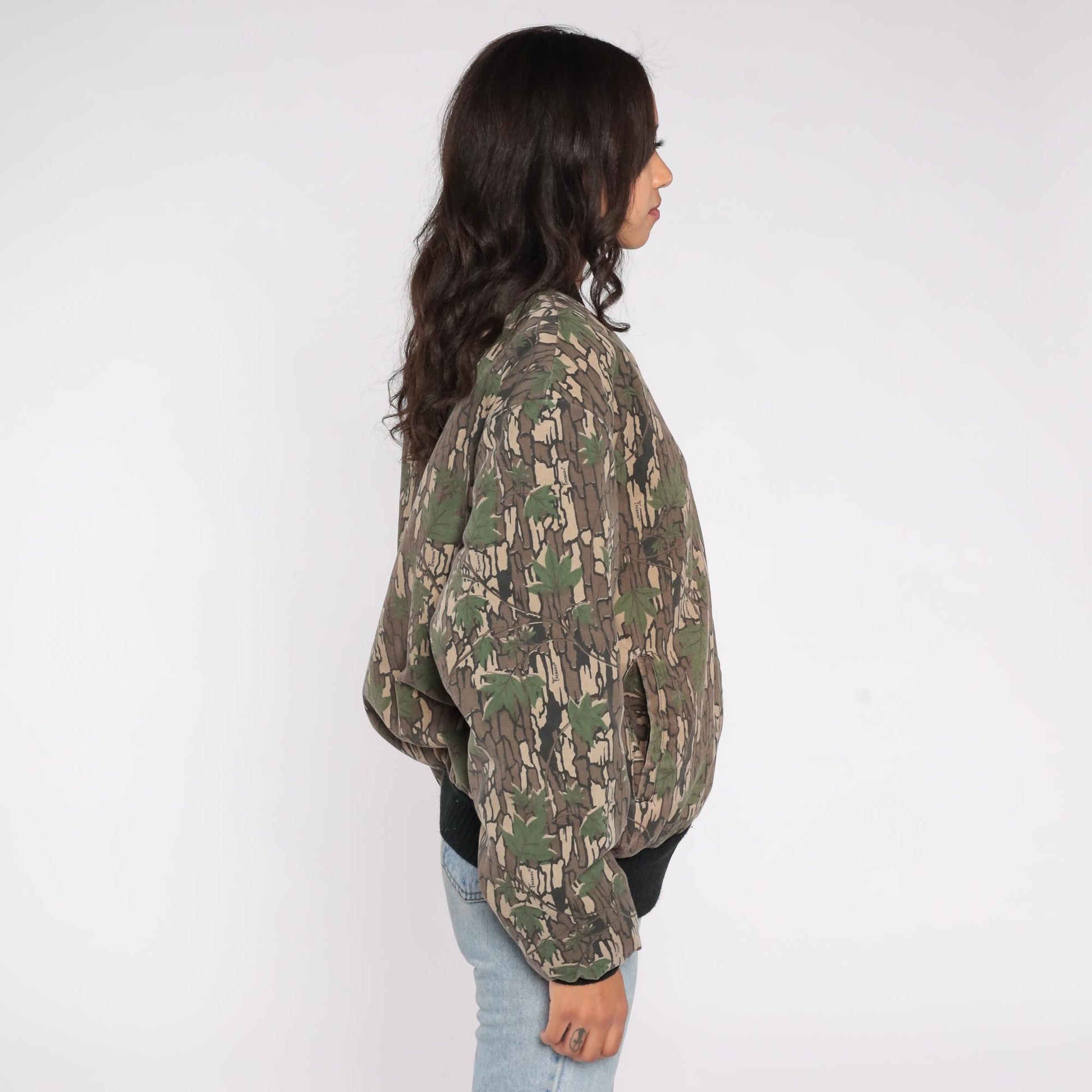 90s Camo Bomber Jacket Bark Tree Leaf Print Quilted Lined Medium