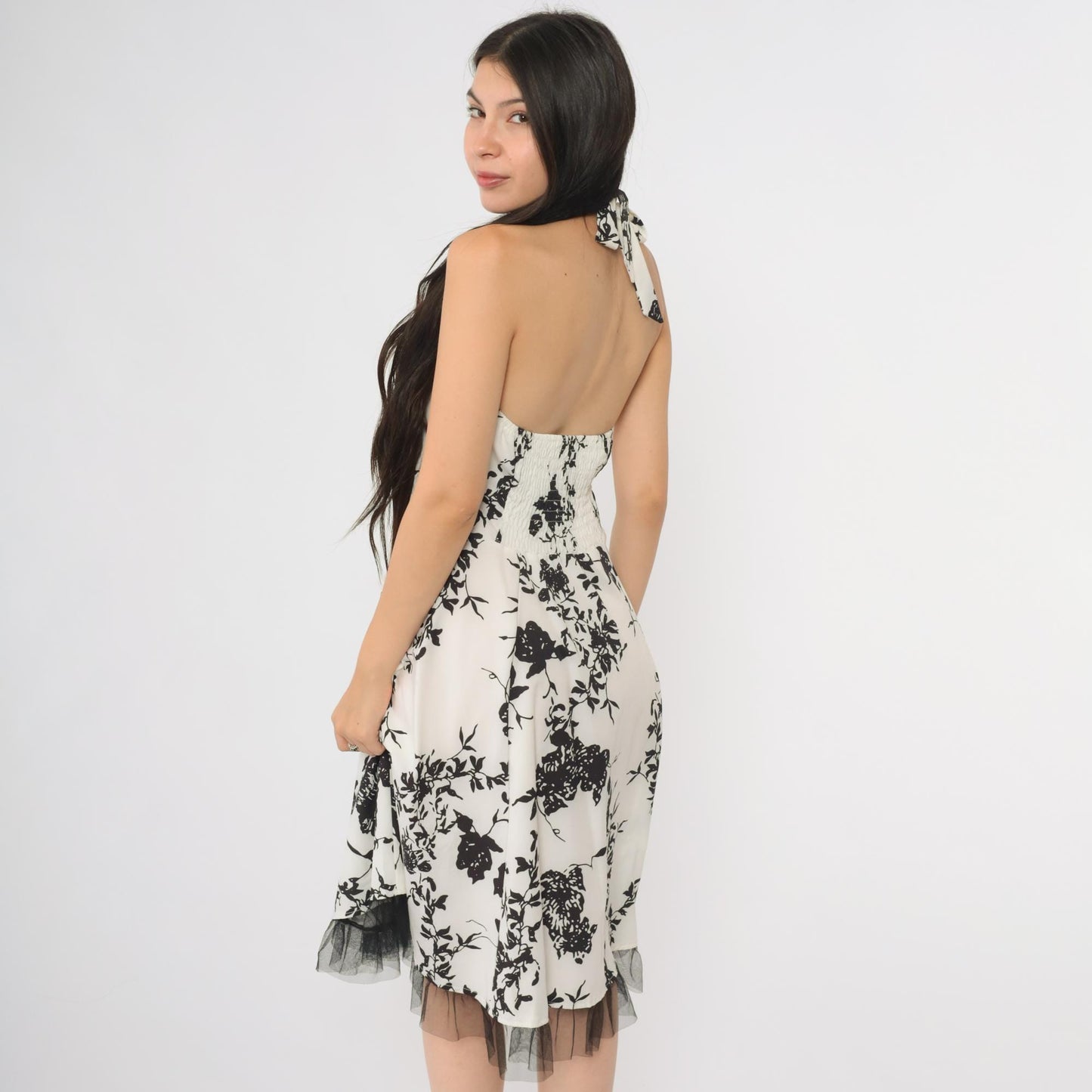Y2K Black White Rose Halter Midi Dress Tulle Hem Backless Large L