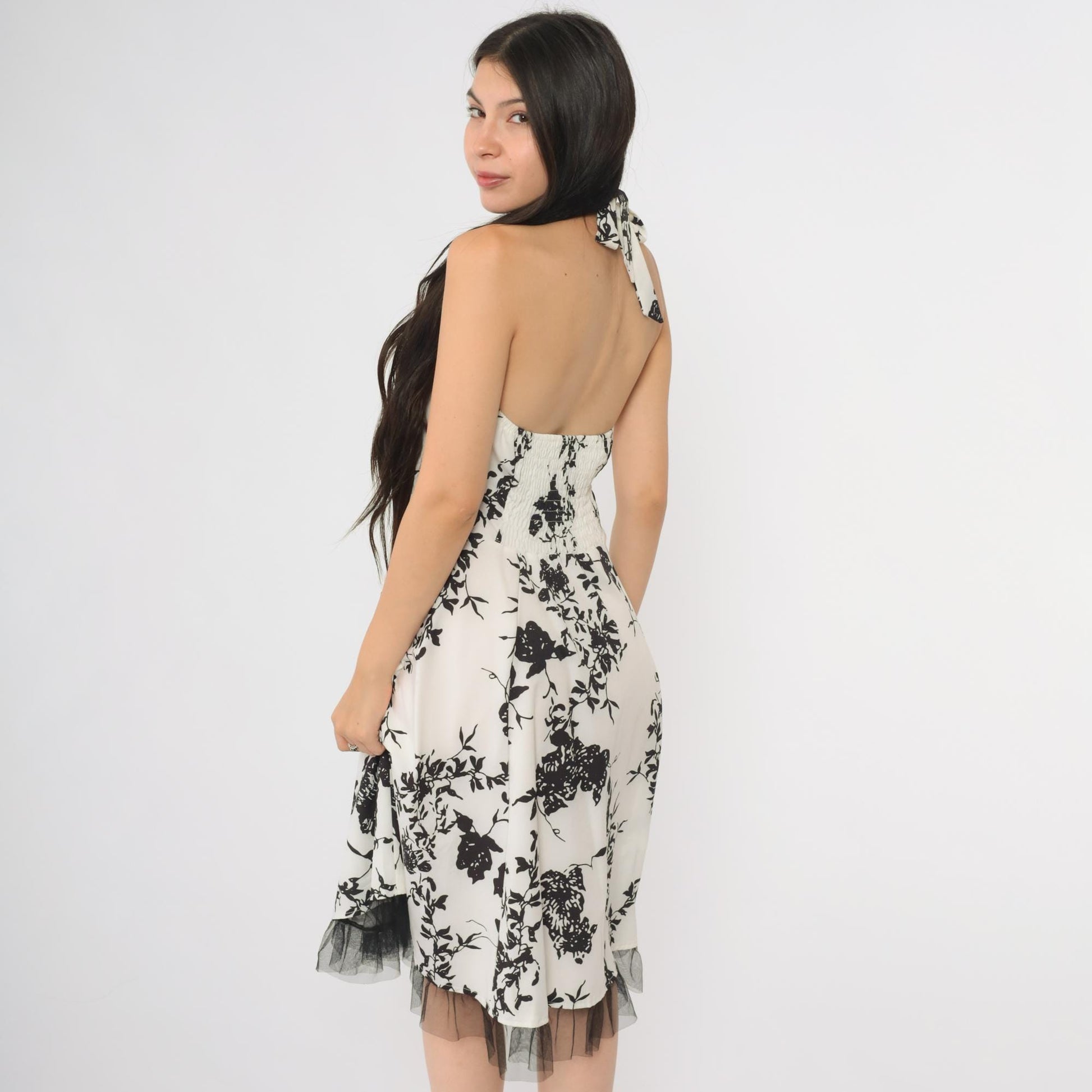 Y2K Black White Rose Halter Midi Dress Tulle Hem Backless Large L