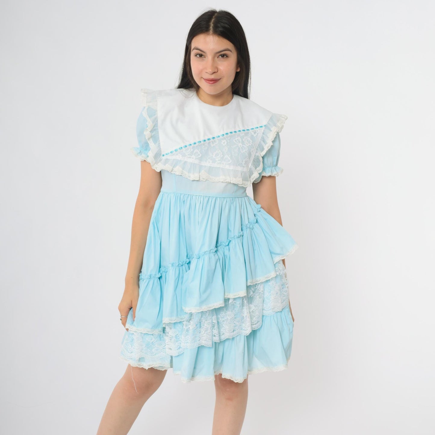 80s Allison Daley Light Blue Ruffle Dress Puff Sleeves Lace Trim Extra Small