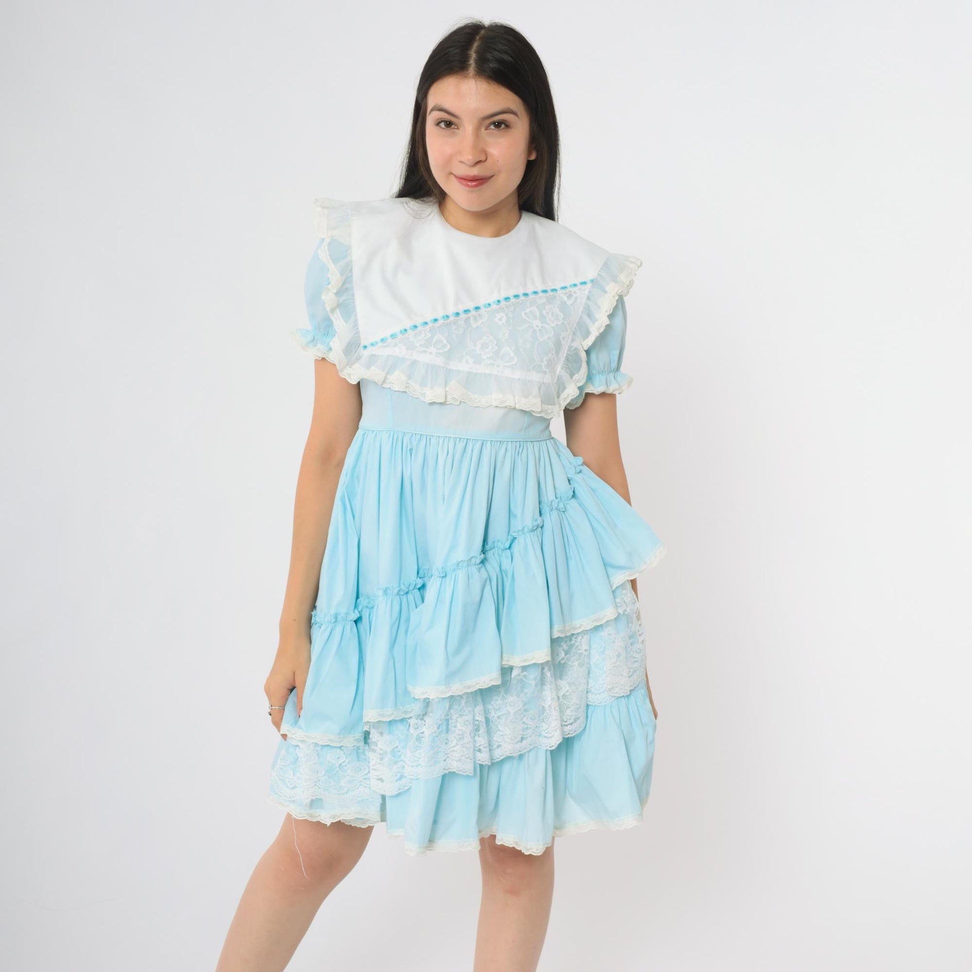 80s Allison Daley Light Blue Ruffle Dress Puff Sleeves Lace Trim Extra Small