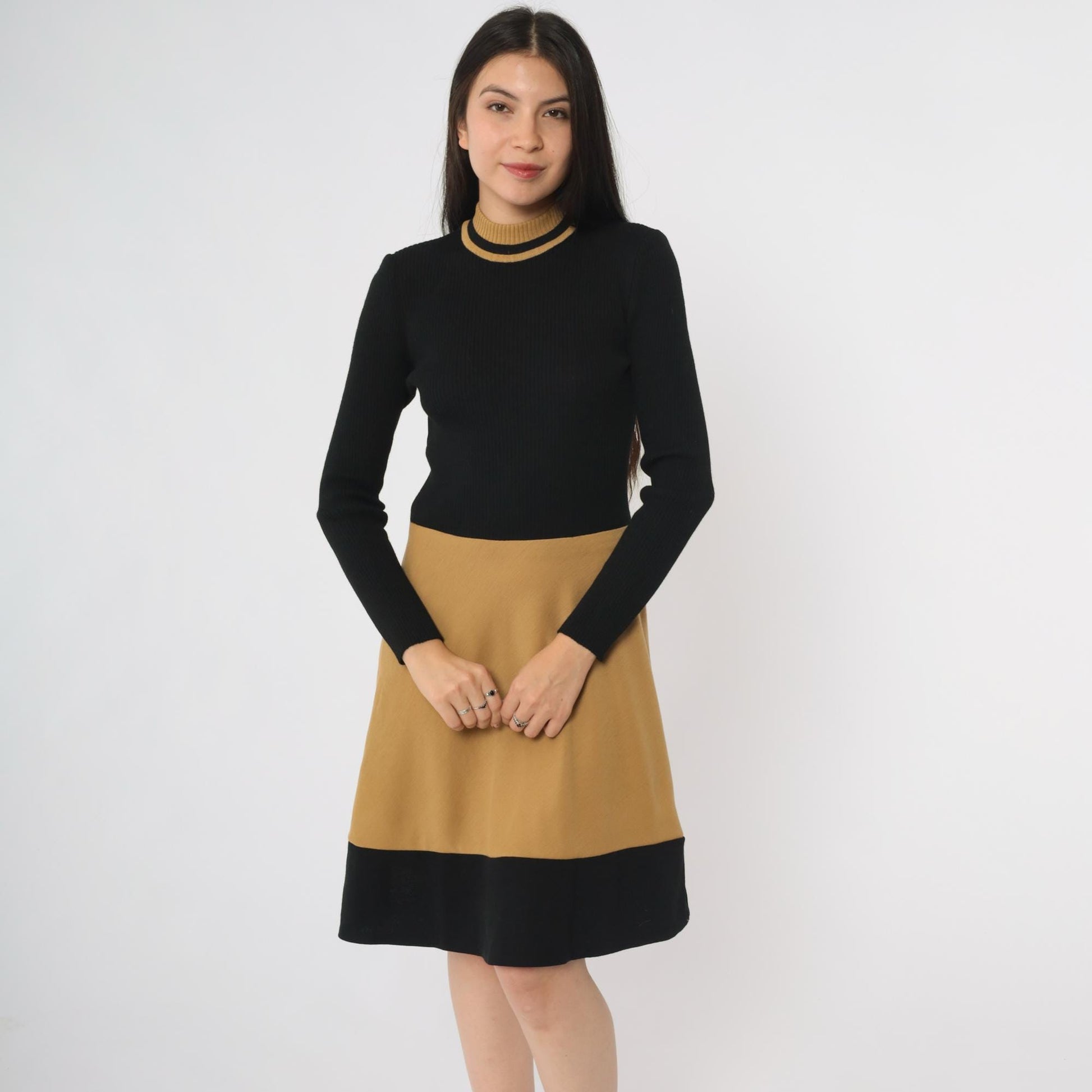 70s Camp Crations Wool Color Block Turtleneck Midi Dress Brown Black Small