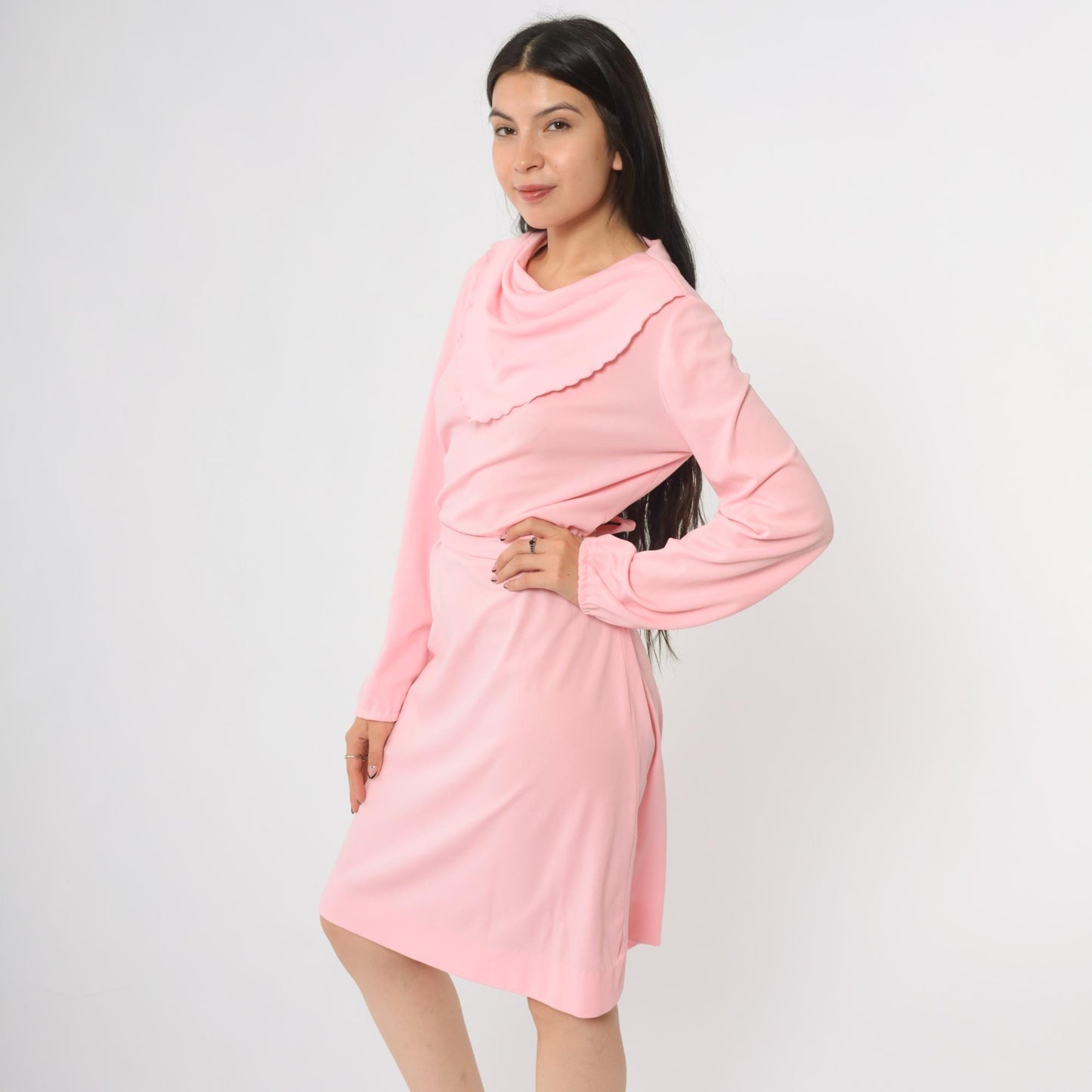 70s Kay Windsor Pink Cowl Neck Midi Dress Scallop Collar Medium M