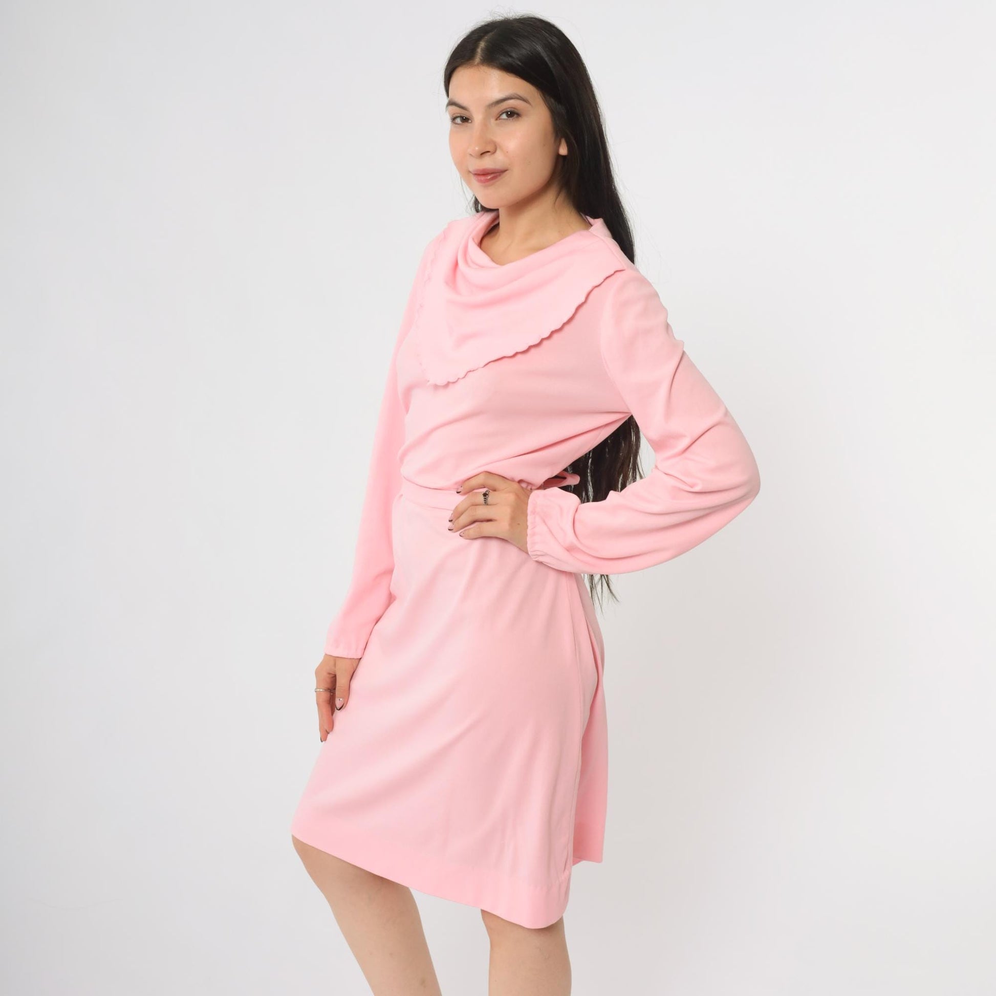 70s Kay Windsor Pink Cowl Neck Midi Dress Scallop Collar Medium M