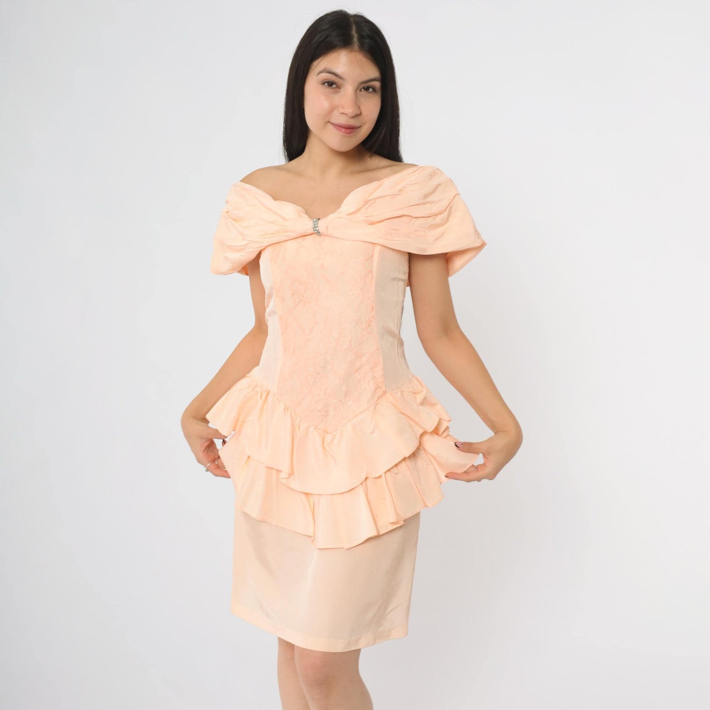 80s Peach Off-Shoulder Ruffle Peplum Dress Rhinestone Detail Small S
