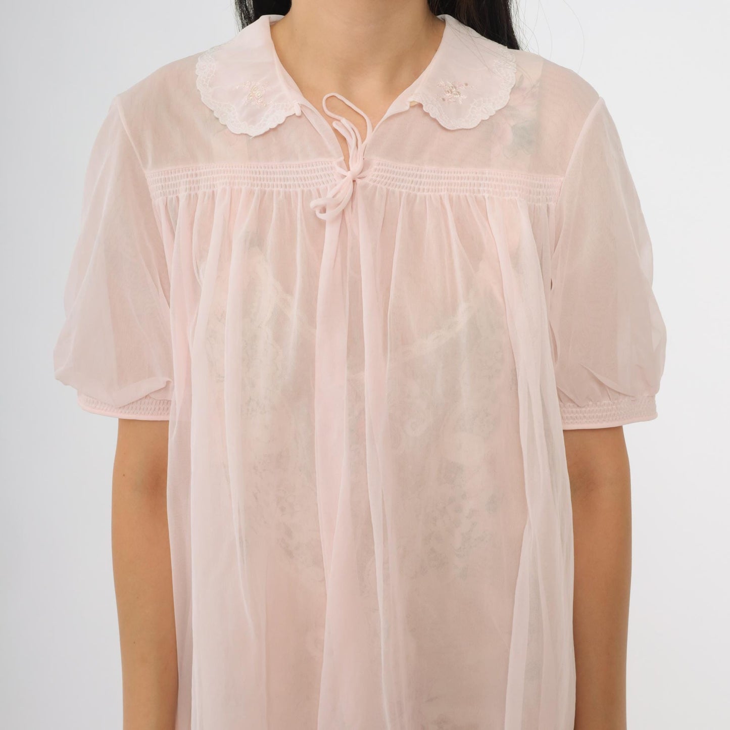 70s Pink Nylon Nightgown Peter Pan Collar Tie Front Midi Medium Large