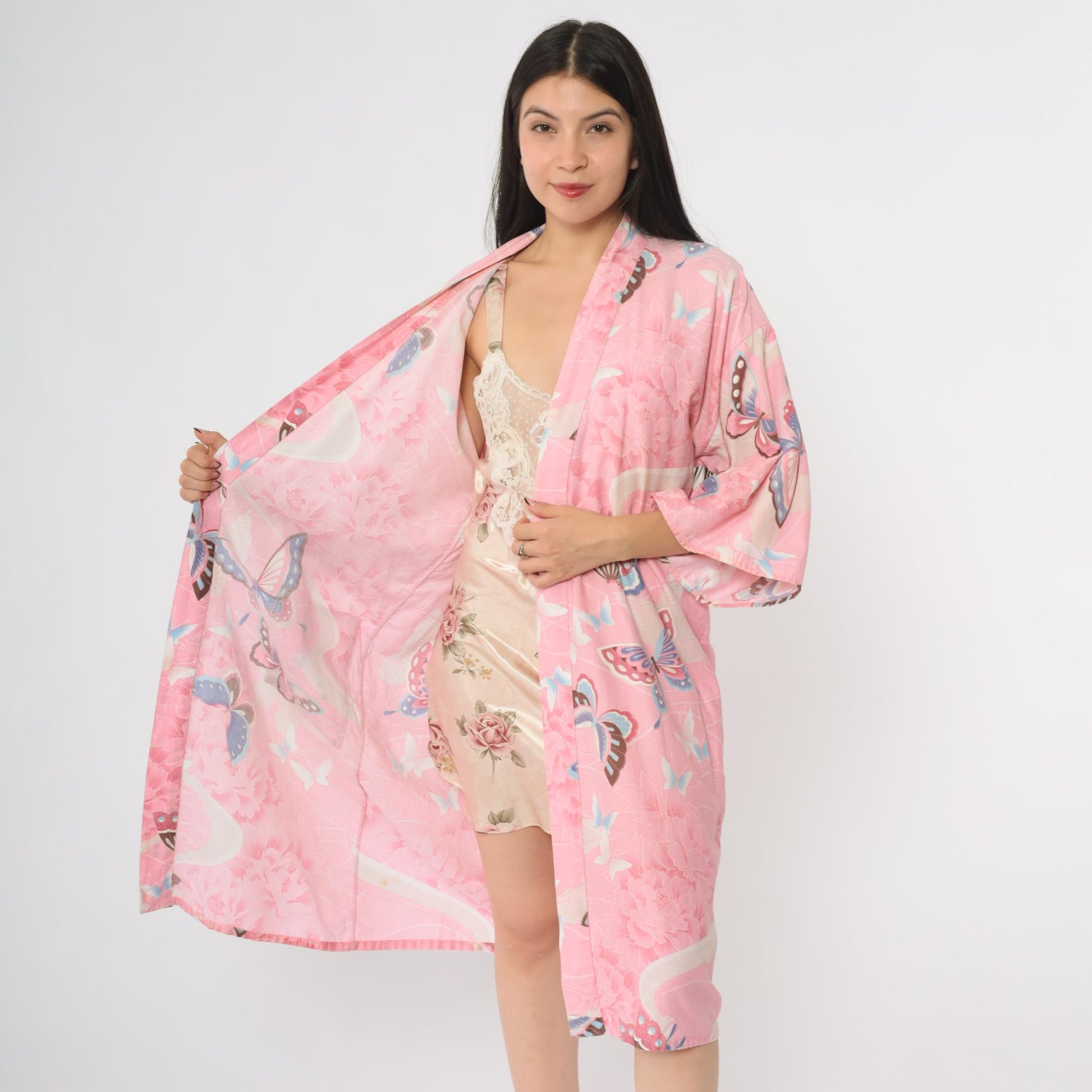 80s Pink Butterfly Peony Floral Cotton Kimono Robe Wrap Belt Tie Small