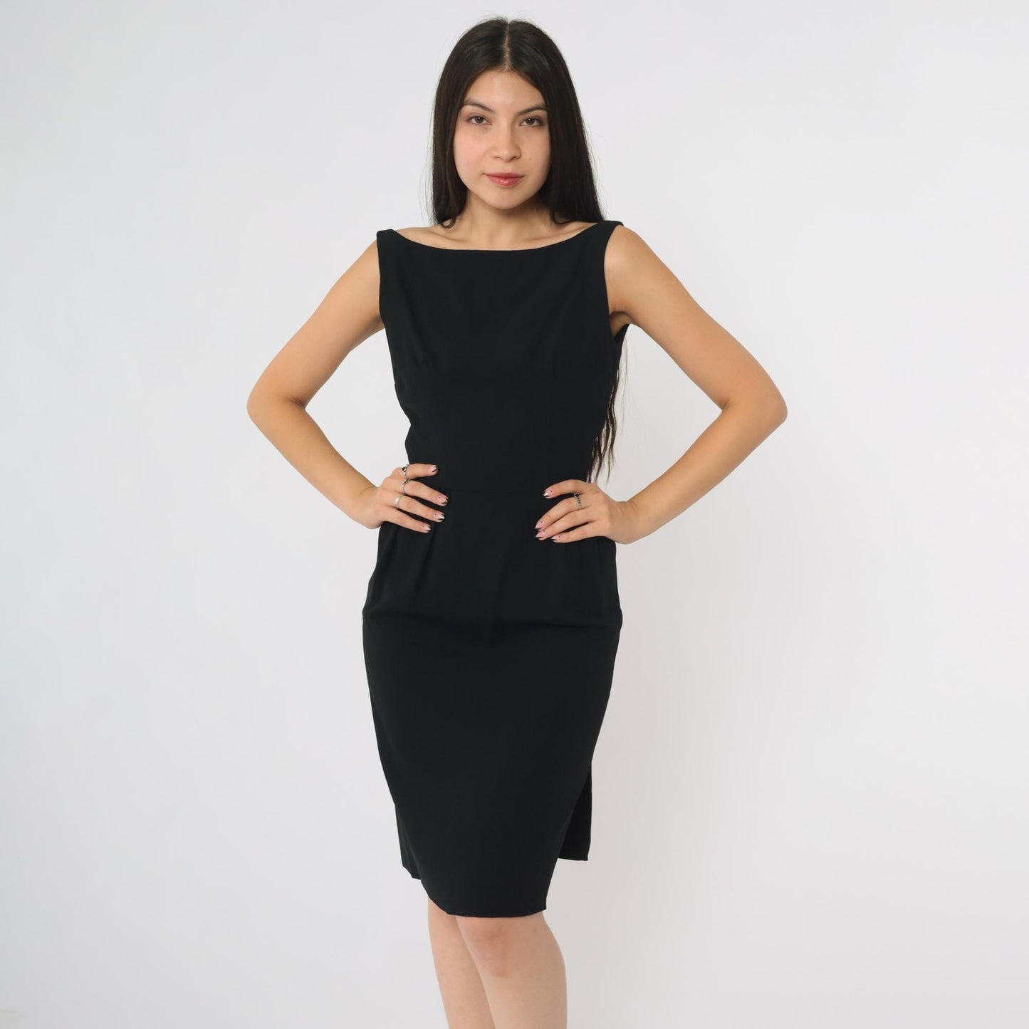 60s Black Mini Dress Open Back Boat Neck Sleeveless Sheath XSmall