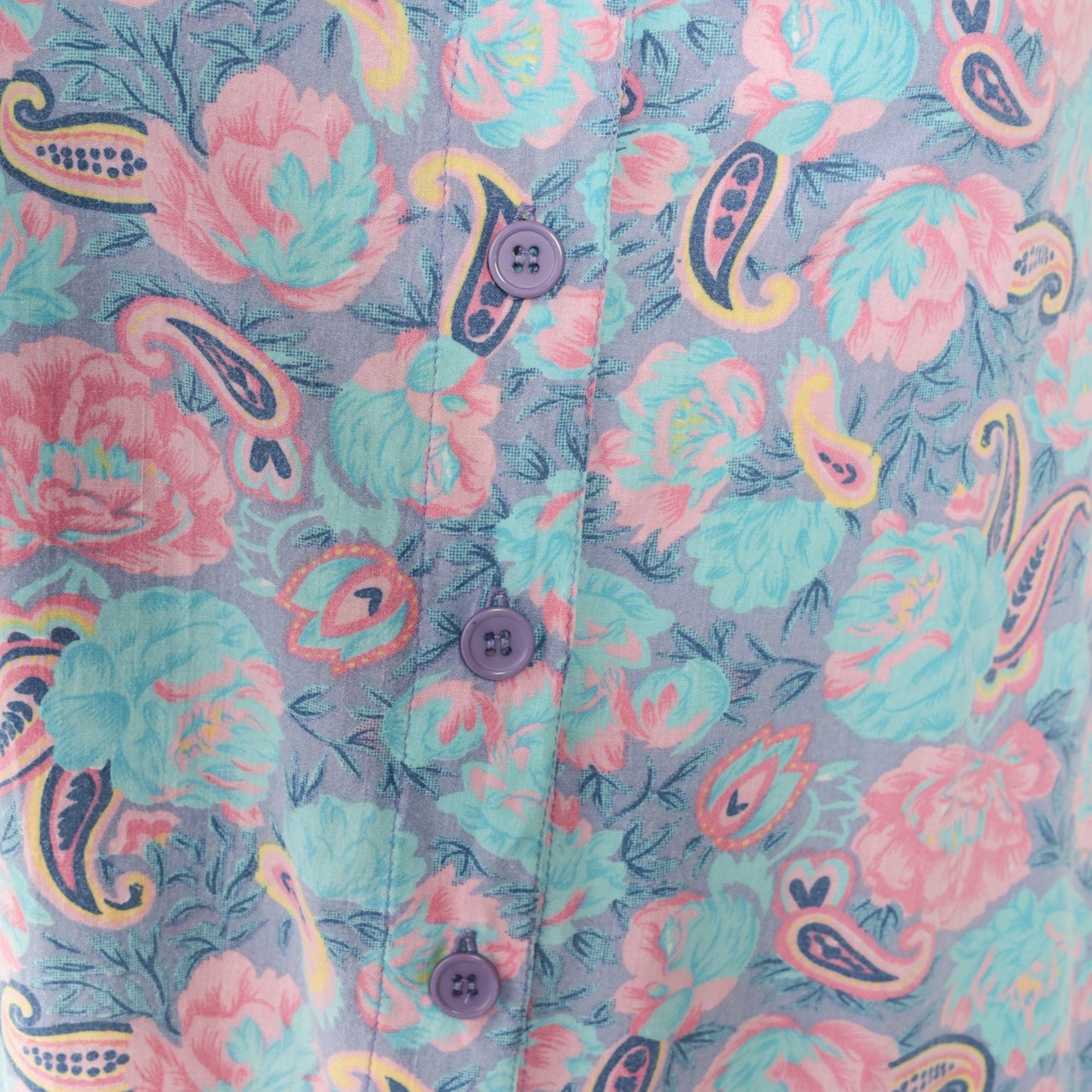 90s Intimate Options Turquoise Paisley Midi Dress Button Front Scoop Neck Small
