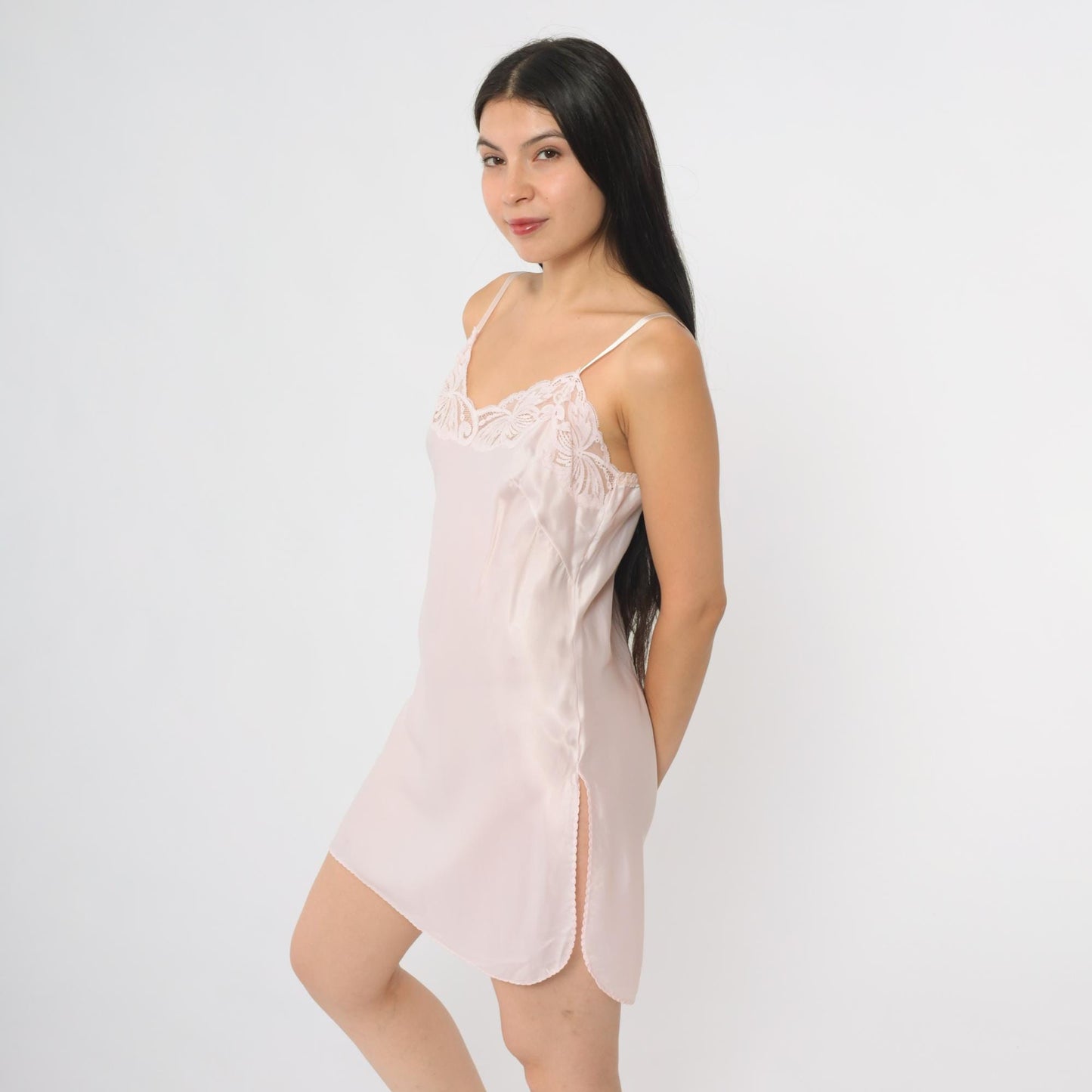 70s Wonder Maid Pink Slip Dress Midi V-Neck Empire Waist Small