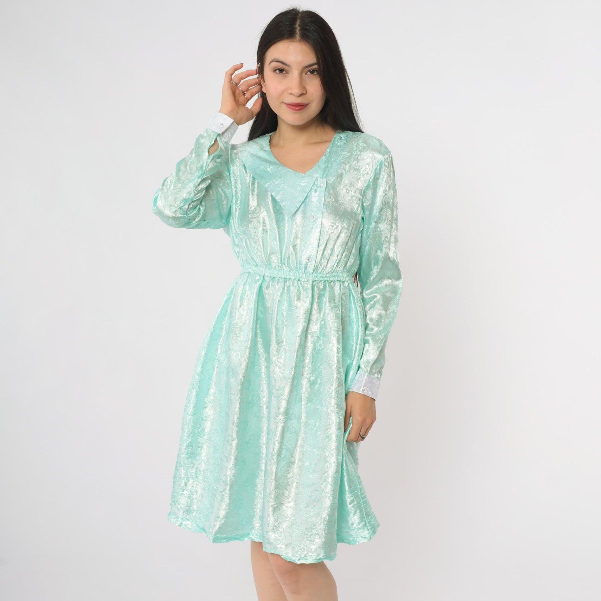 80s Mint Green Satin V-Neck Dress Long Sleeve Bow Detail Small