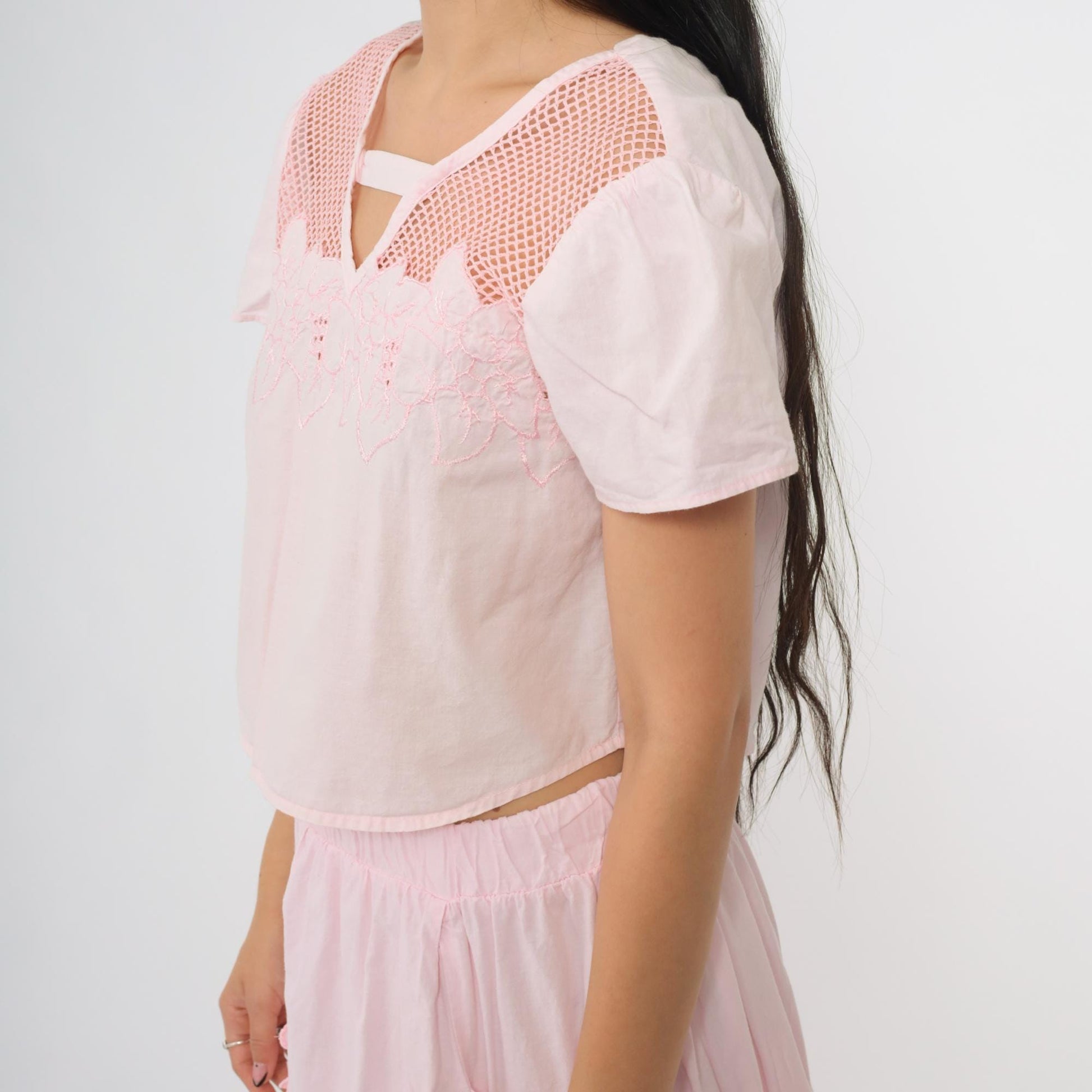 90s Stoplight Pink Cotton Two Piece Set Crop Top Midi Skirt Small