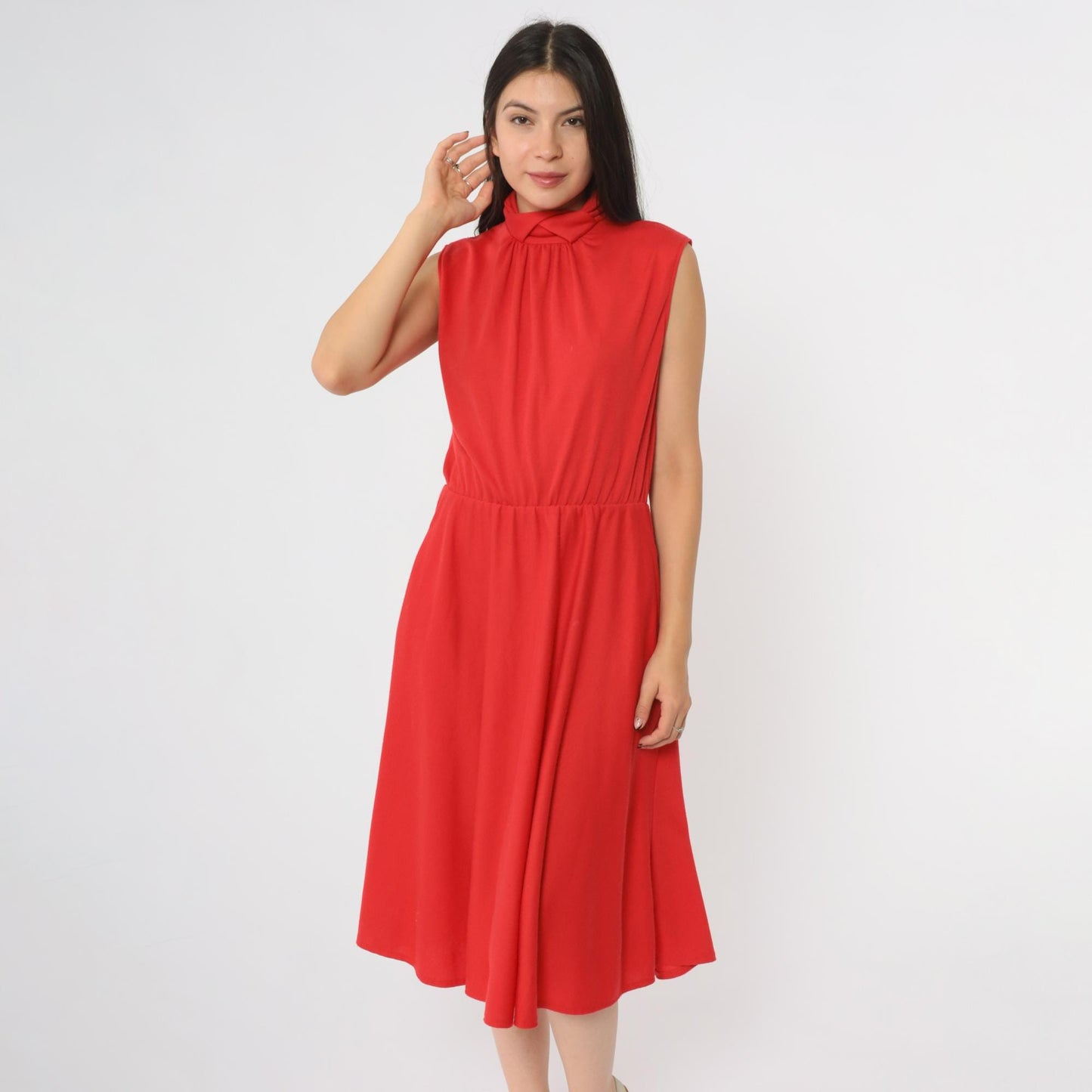 80s Impromptu Red Sleeveless Midi Dress Elastic Waist Collar Small