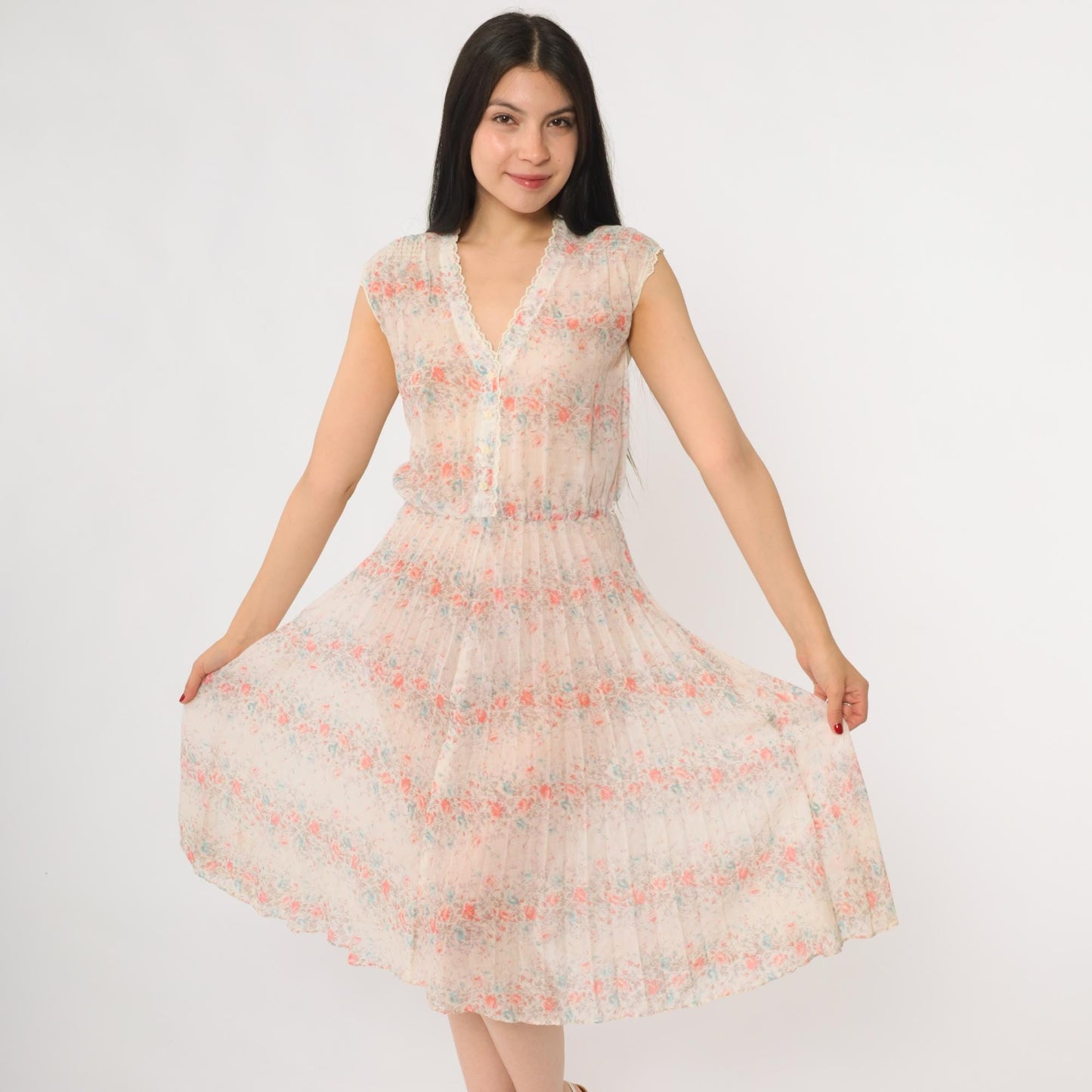 70s Cream Floral Prairie Dress Sleeveless V-Neck Midi Lace Trim Small
