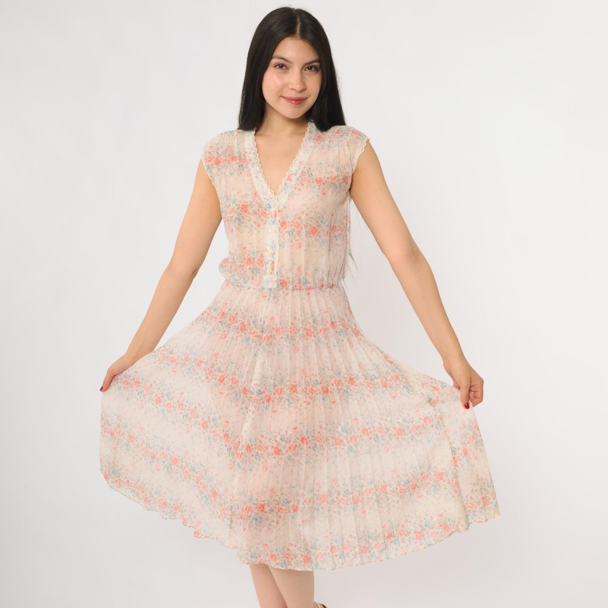 70s Cream Floral Prairie Dress Sleeveless V-Neck Midi Lace Trim Small