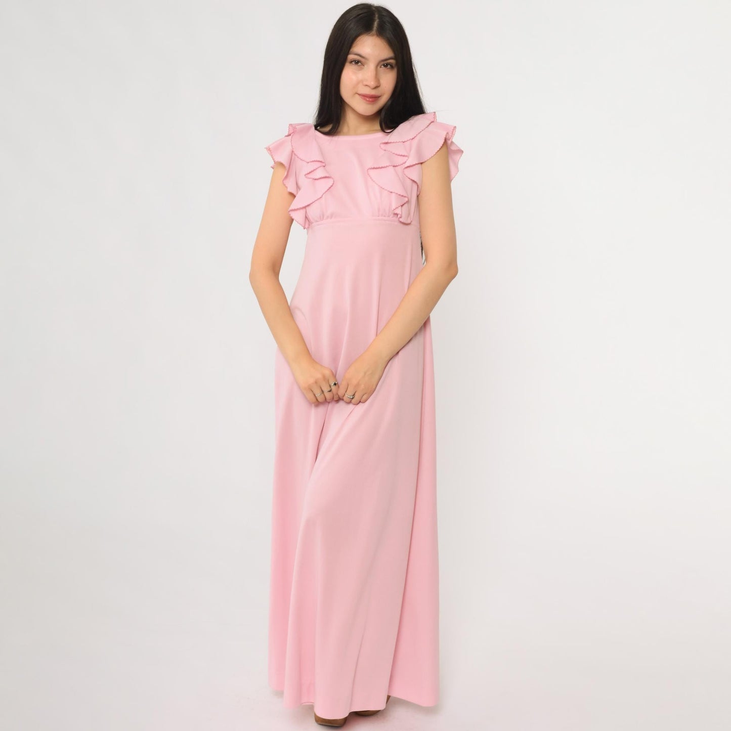 70s Pink Ruffle Maxi Dress Open Back Empire Waist Small