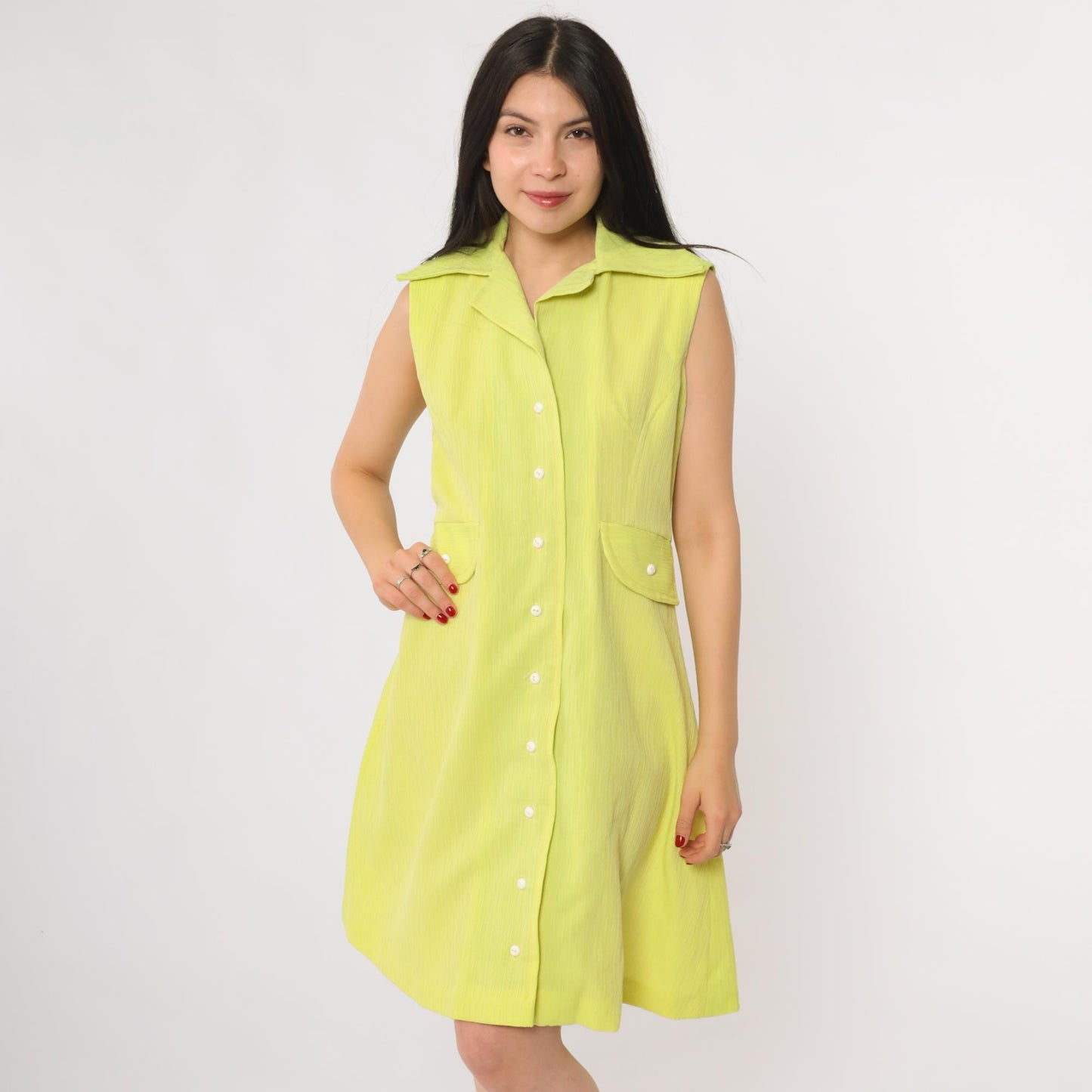 70s Lime Green Mod Mini Dress Pointed Collar A-Line Shift Medium M