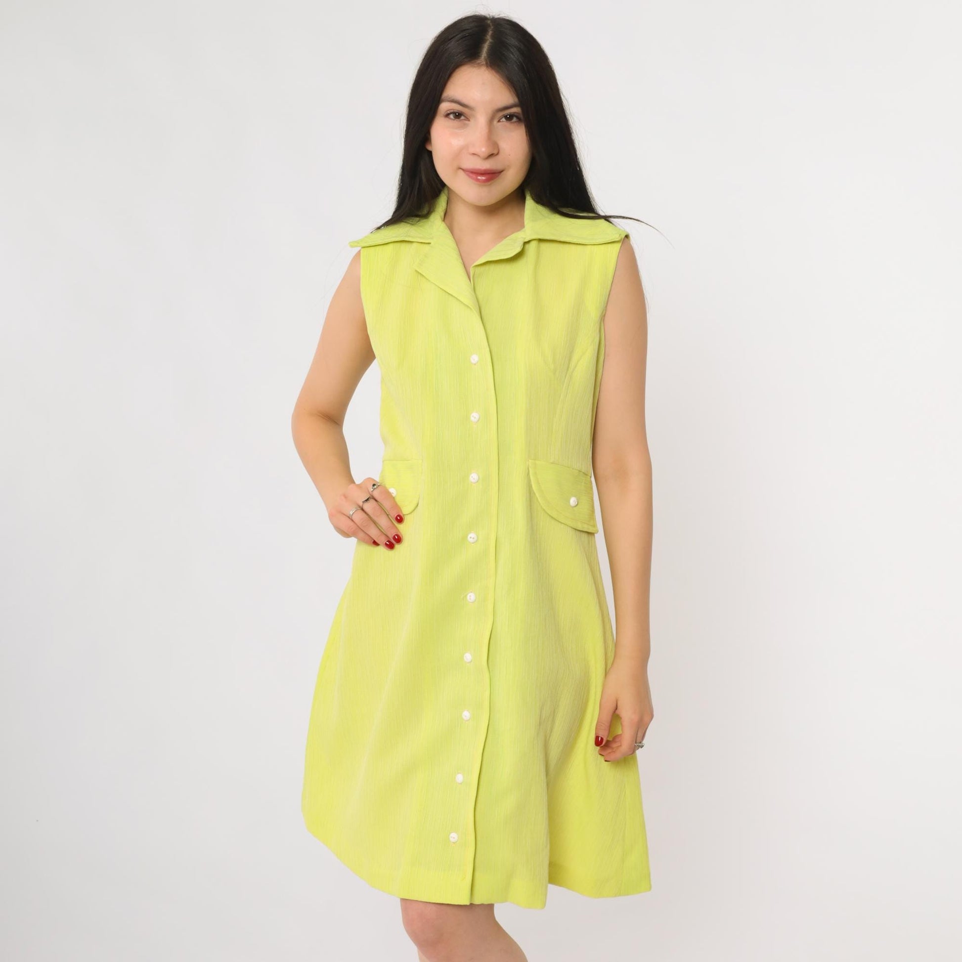 70s Lime Green Mod Mini Dress Pointed Collar A-Line Shift Medium M