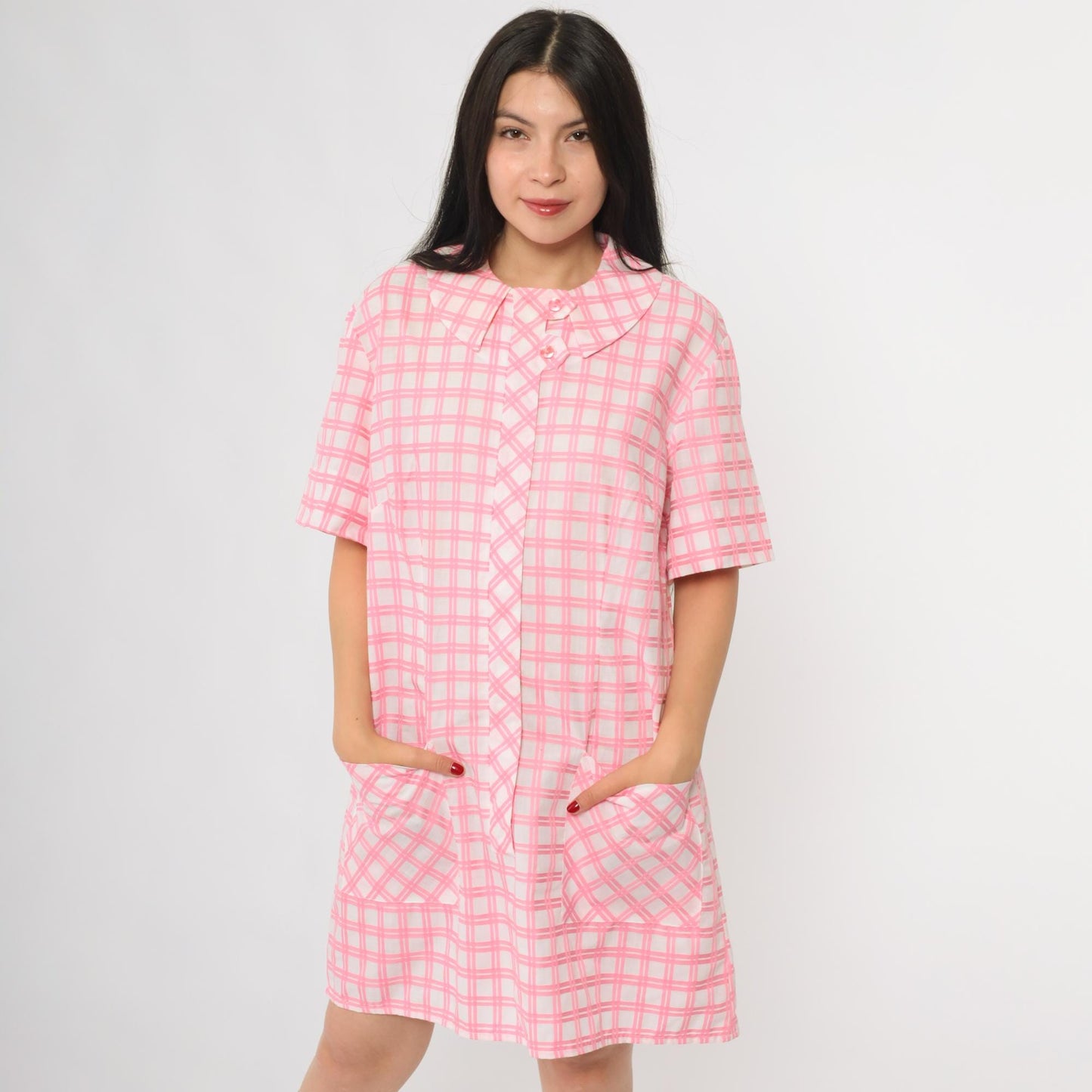 1960s Pink Plaid Shift Dress Peter Pan Collar Button Front Large L