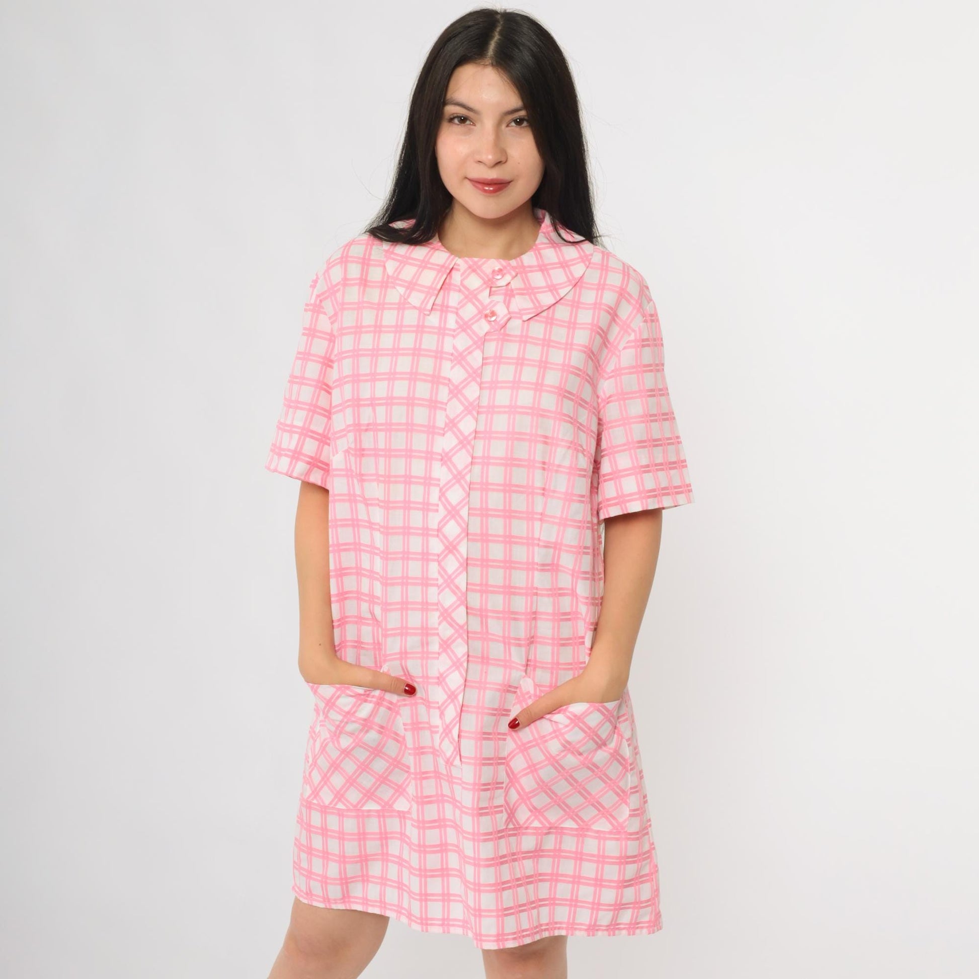 1960s Pink Plaid Shift Dress Peter Pan Collar Button Front Large L