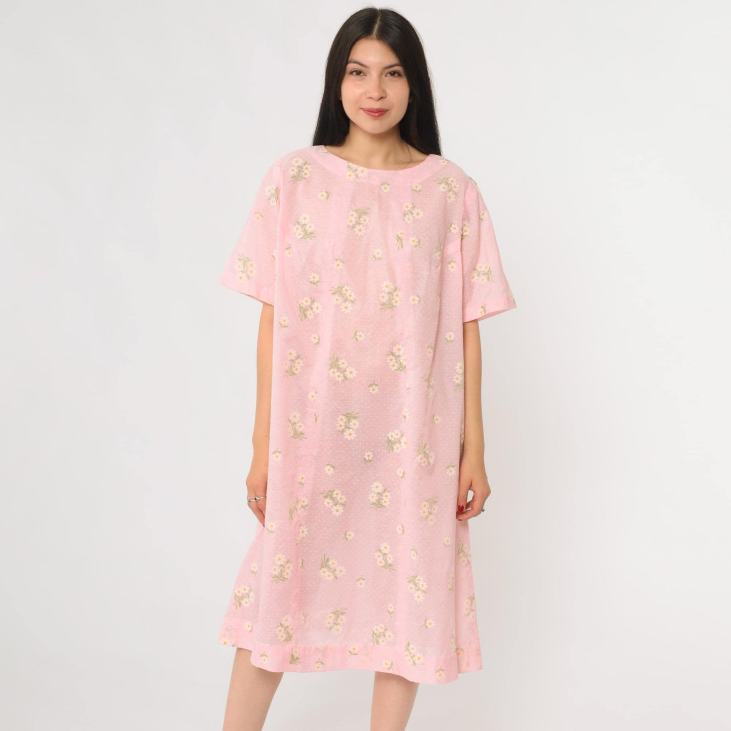 70s Pink Daisy Floral Midi Dress Short Sleeve Pullover Cotton Large