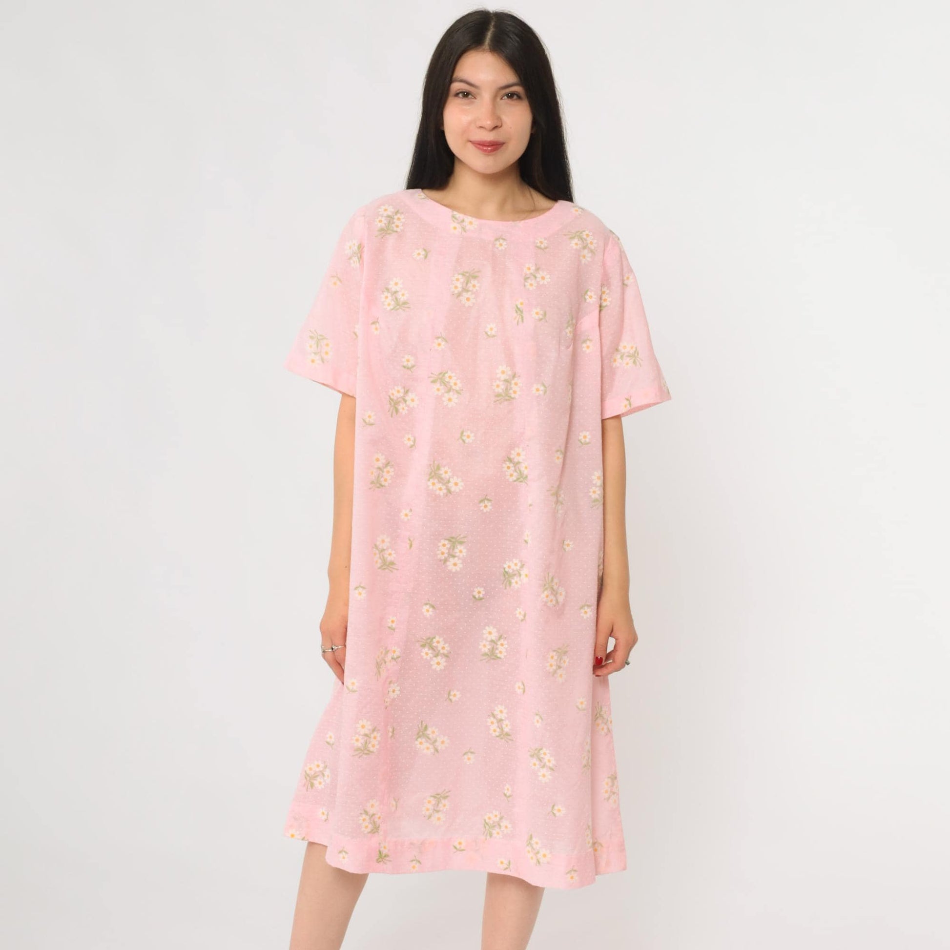 70s Pink Daisy Floral Midi Dress Short Sleeve Pullover Cotton Large