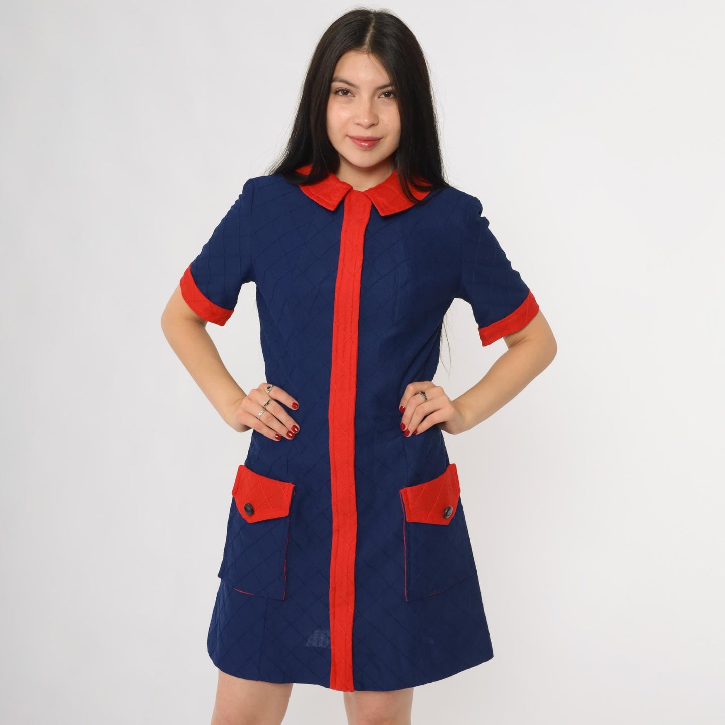 60s Mod Mini Dress Navy Red Colorblock Peter Pan Collar Shift Medium M