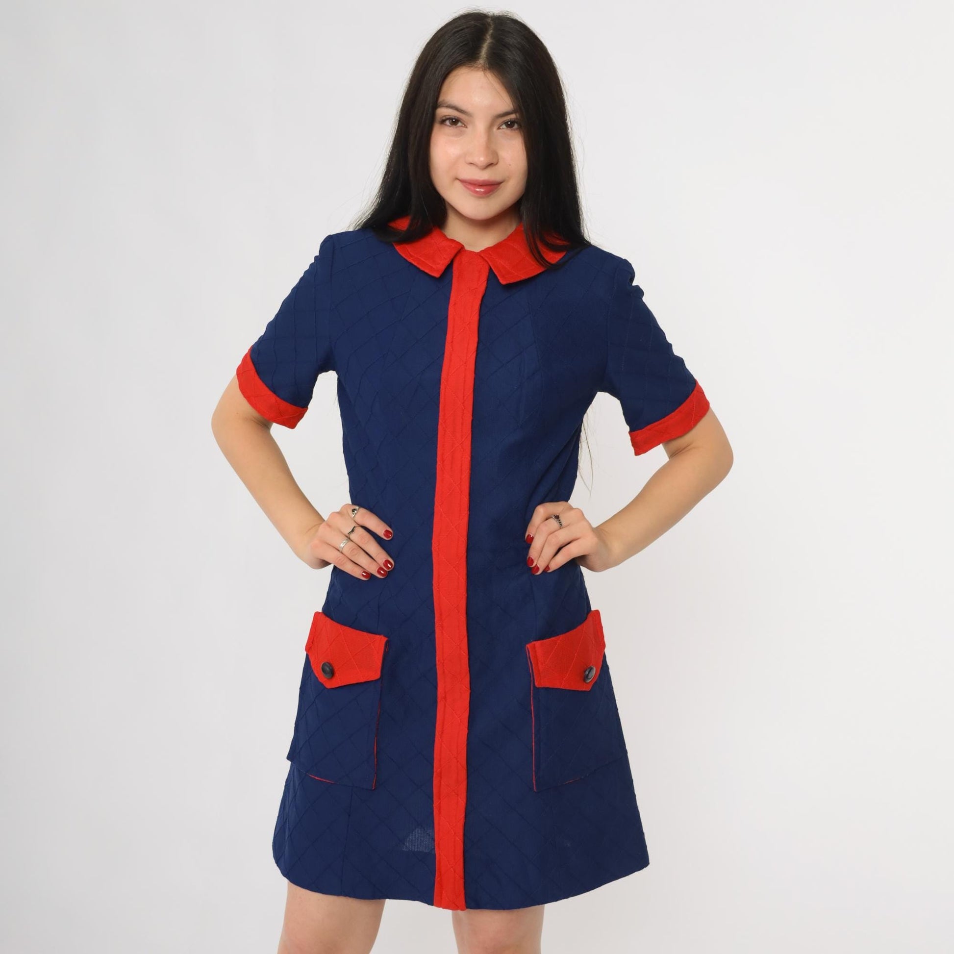 60s Mod Mini Dress Navy Red Colorblock Peter Pan Collar Shift Medium M