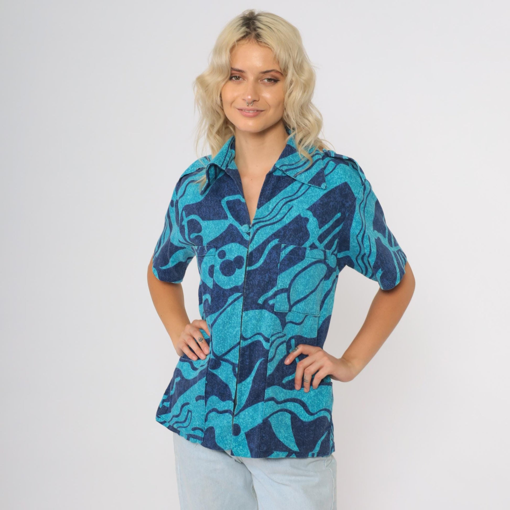70s Hawaiian Zip Blouse Turquoise Psychedelic Tiki Print Short Sleeve Small