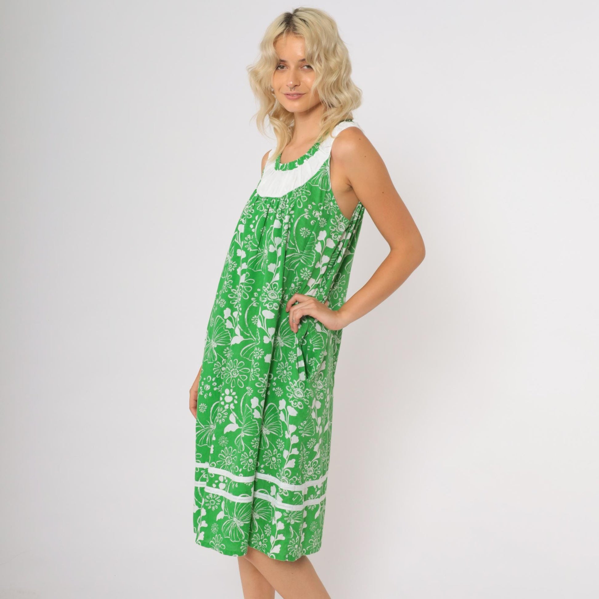 90s Anthony Richards Green Floral Midi Dress Butterfly Ruffle Trim Medium