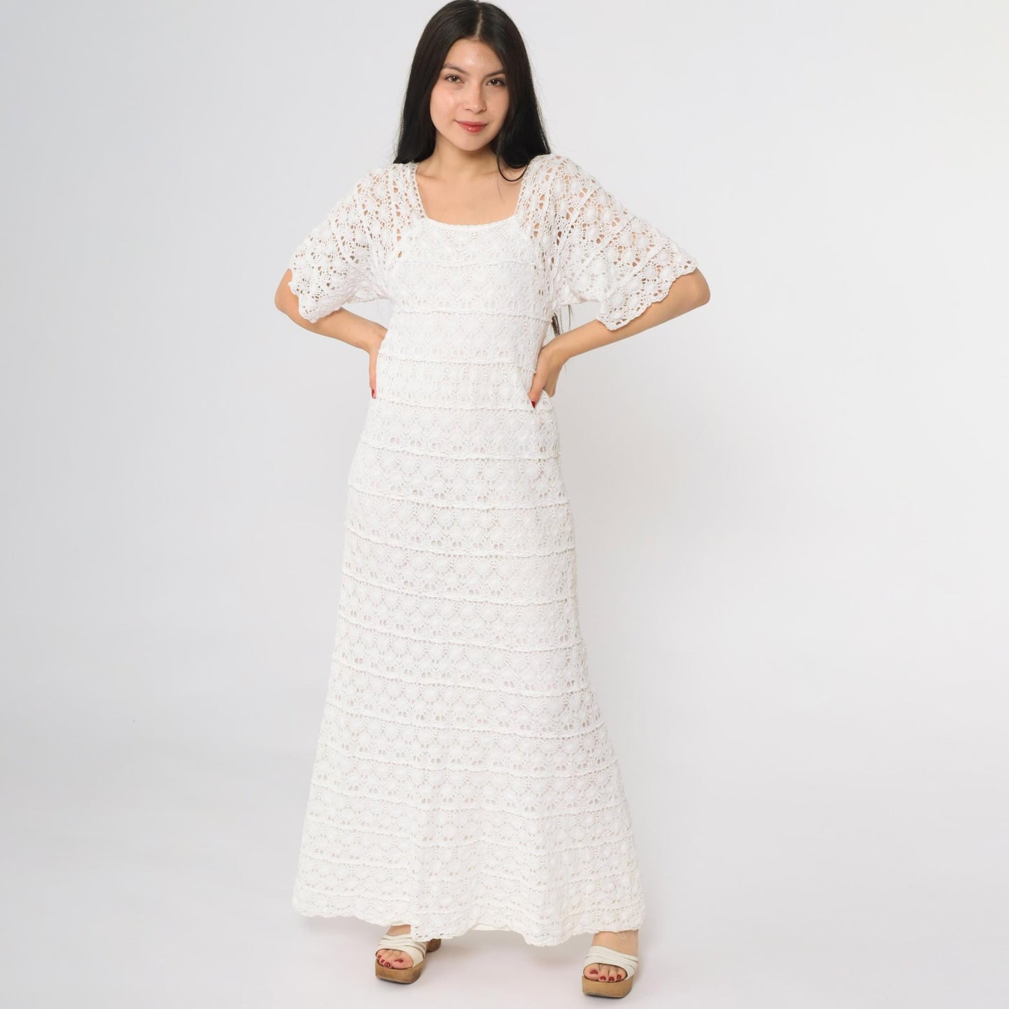 60s White Crochet Lace Maxi Dress Long Sleeve Scoop Neck Small XS