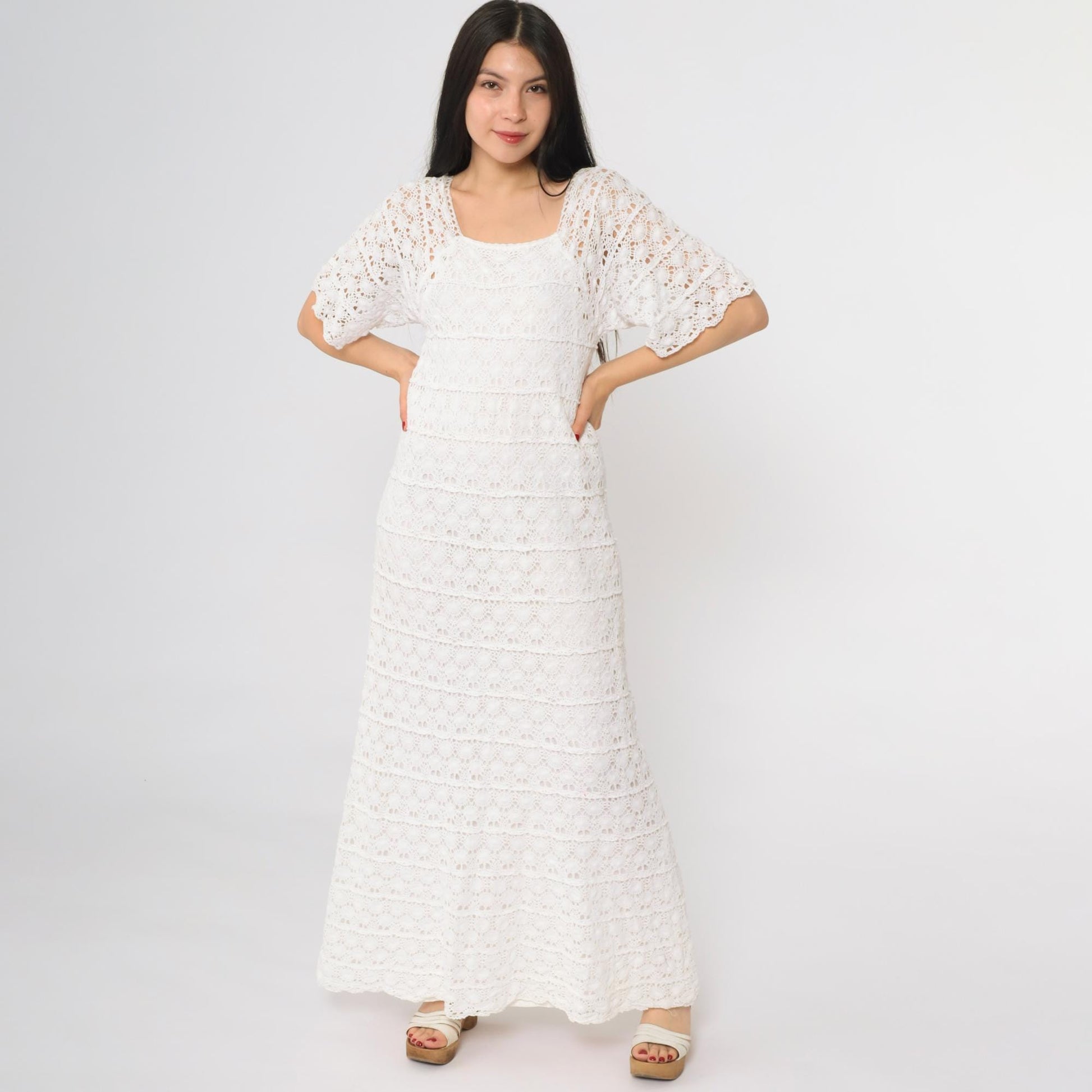 60s White Crochet Lace Maxi Dress Long Sleeve Scoop Neck Small XS