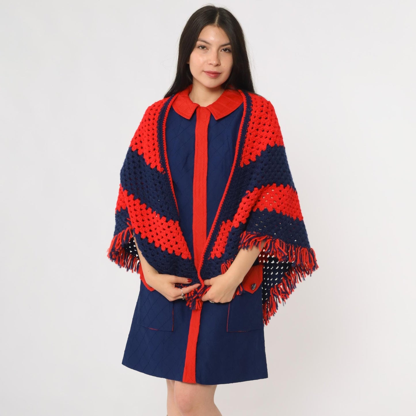 70s Crochet Shawl Red Navy Granny Square Triangle Poncho Fringe One Size