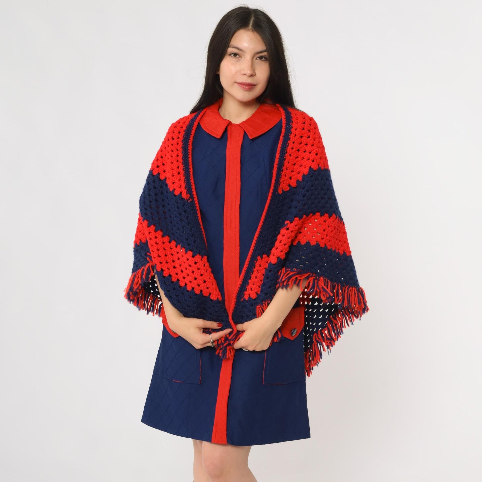 70s Crochet Shawl Red Navy Granny Square Triangle Poncho Fringe One Size