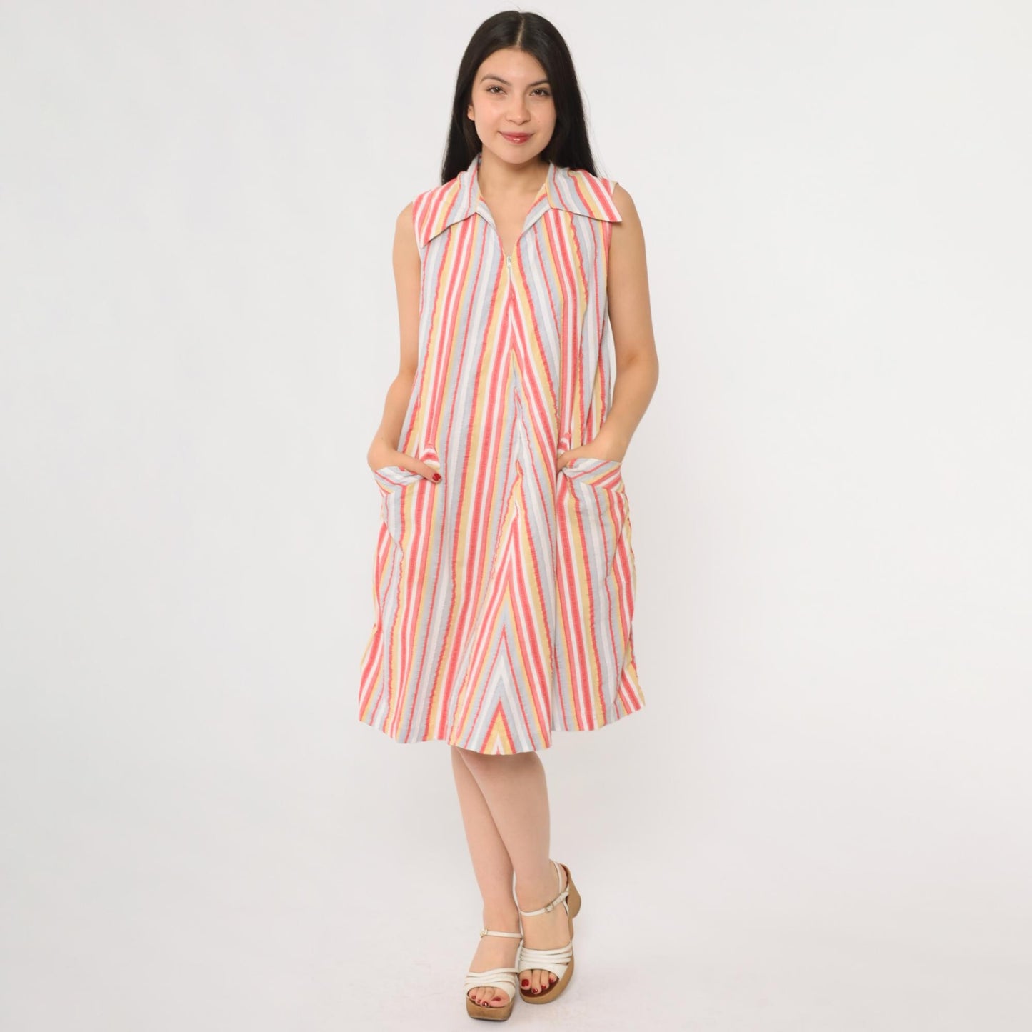 70s Go-Ins Rainbow Stripe A-Line Zip Front Dress Cotton Medium