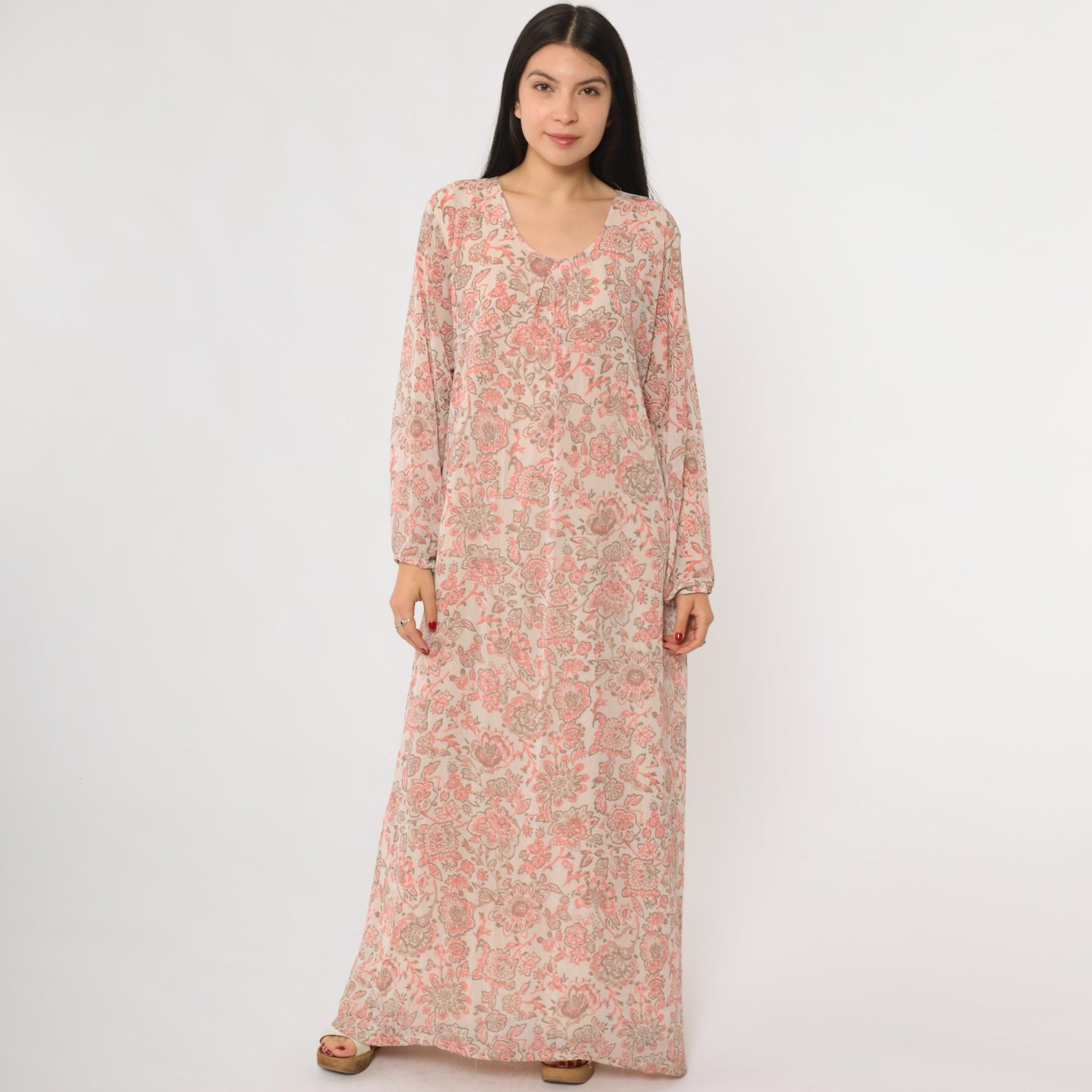 70s Paisley Floral Maxi Dress Pink Brown Long Sleeve Caftan V-Neck Medium Large