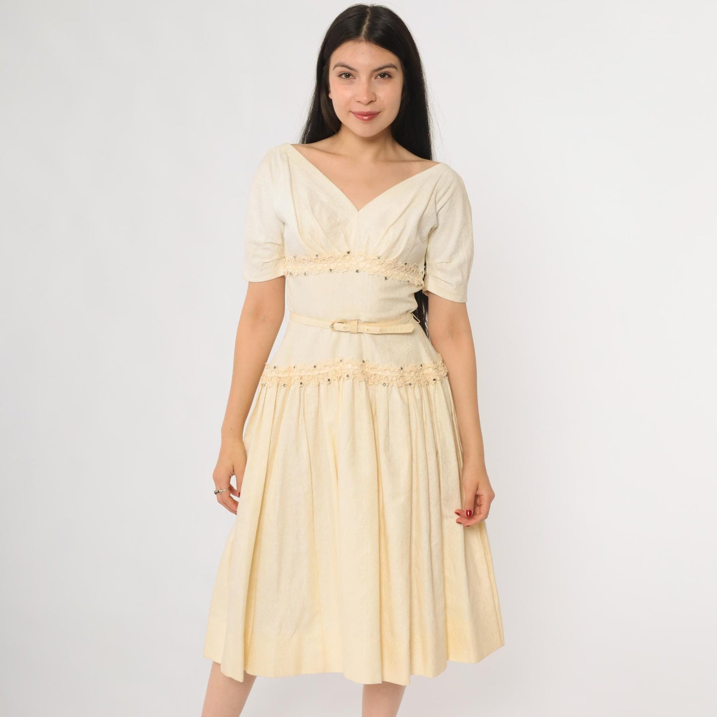 60s Ivory Cocktail Dress V Neck Beaded Belted Midi Fit Flare Extra Small