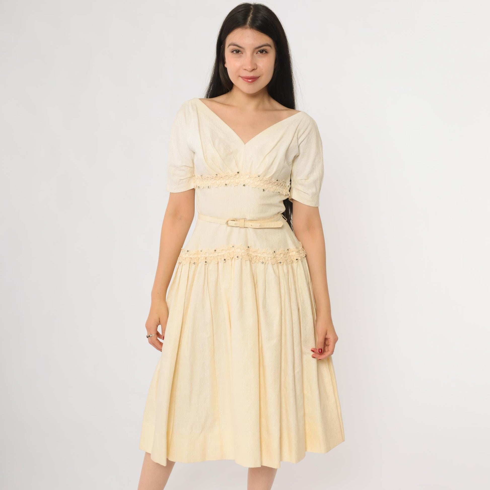 60s Ivory Cocktail Dress V Neck Beaded Belted Midi Fit Flare Extra Small