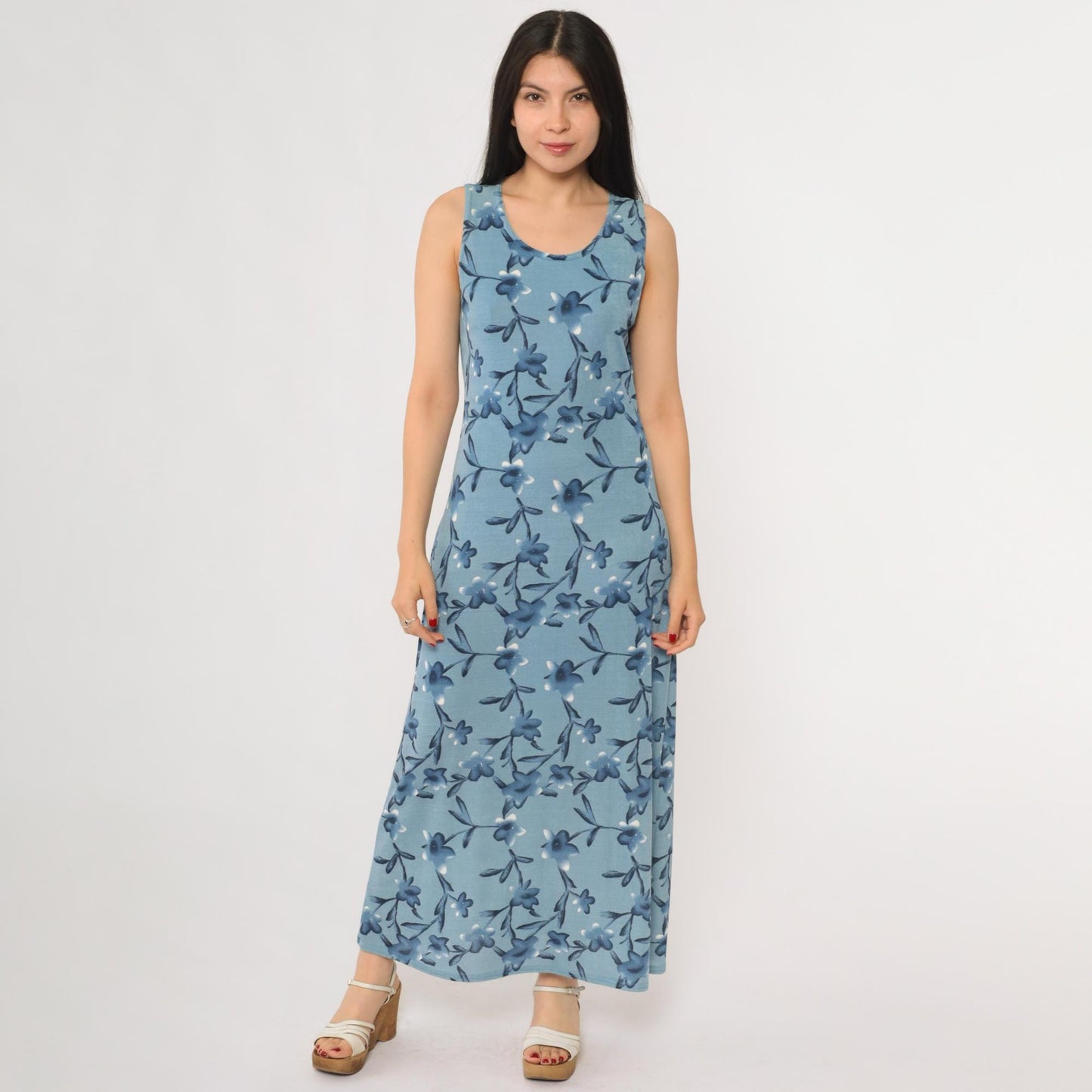 90s Blue Floral Maxi Dress Sleeveless Tank Scoop Neckline Medium M