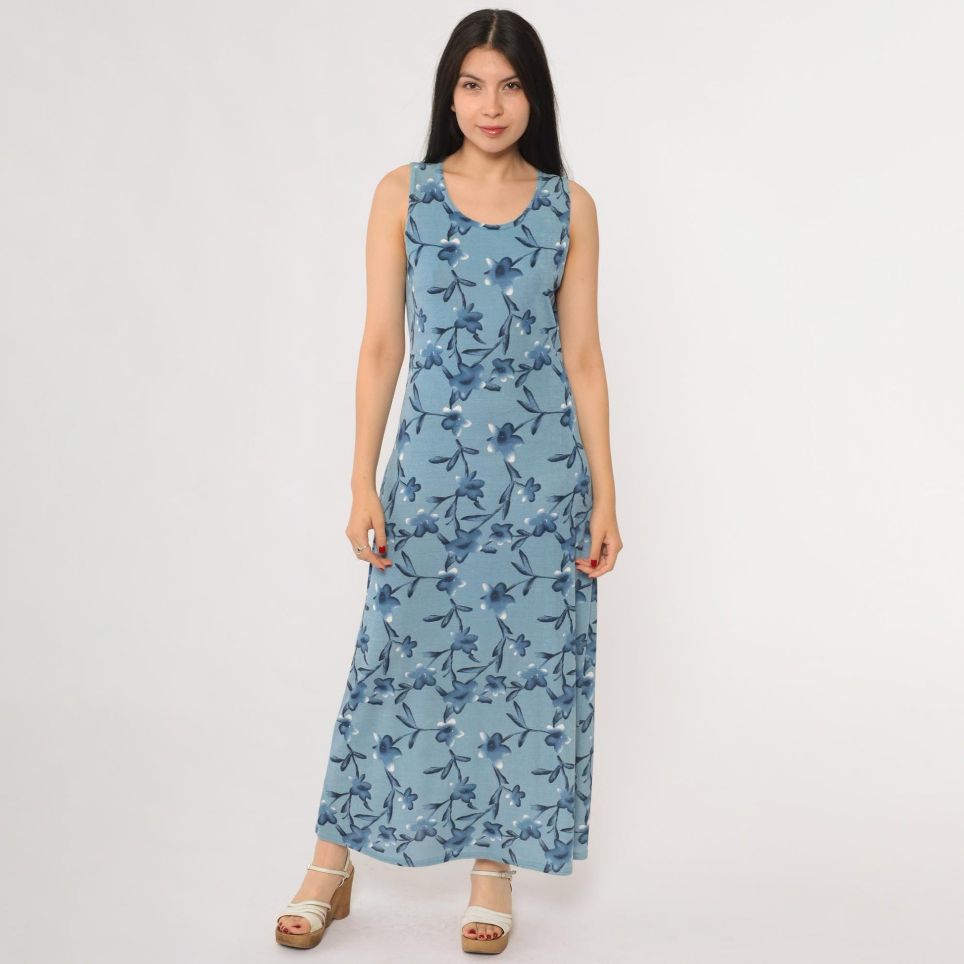 90s Blue Floral Maxi Dress Sleeveless Tank Scoop Neckline Medium M