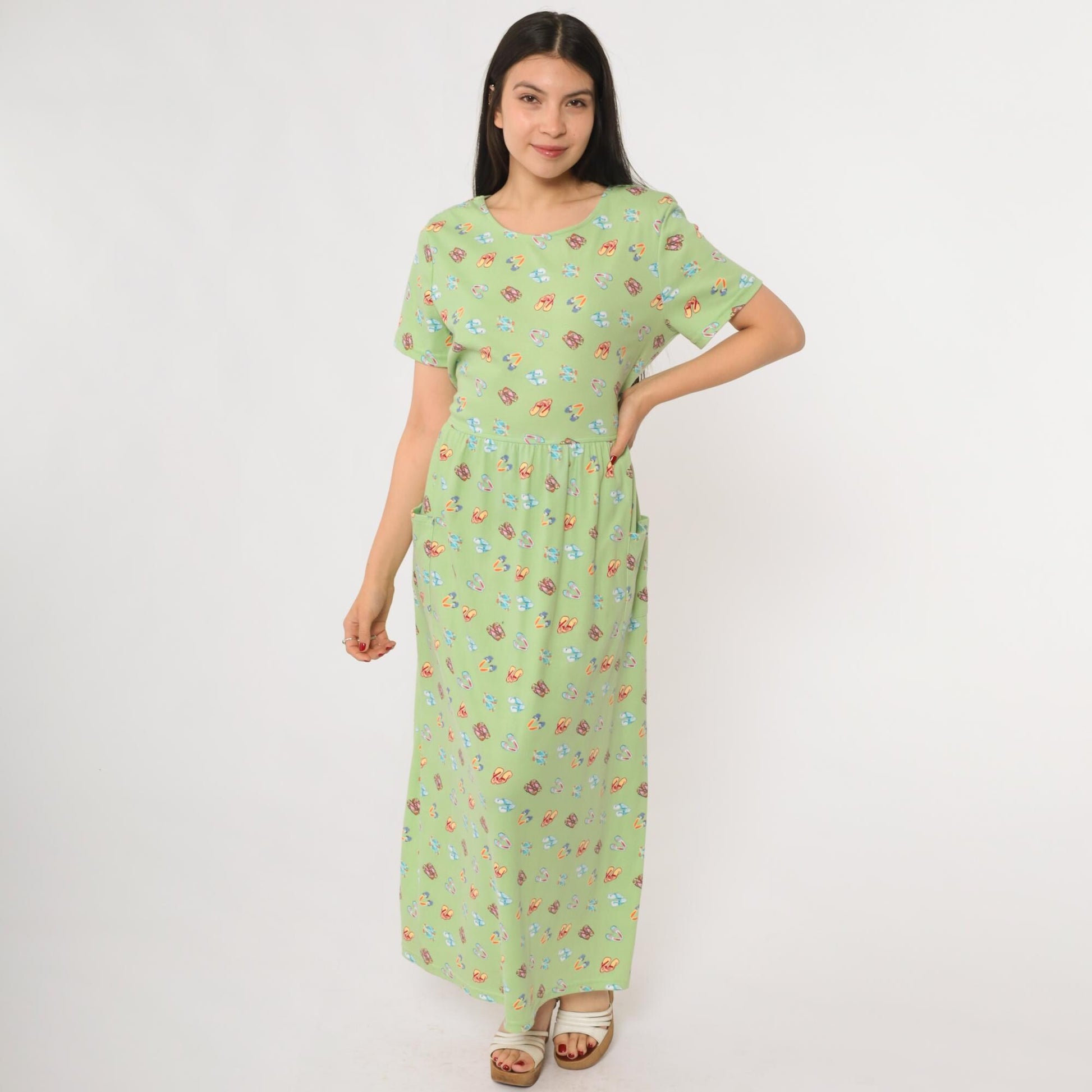 90s Sage Green Maxi Dress Flip Flop Novelty Print Cotton Scoop Neck Large L