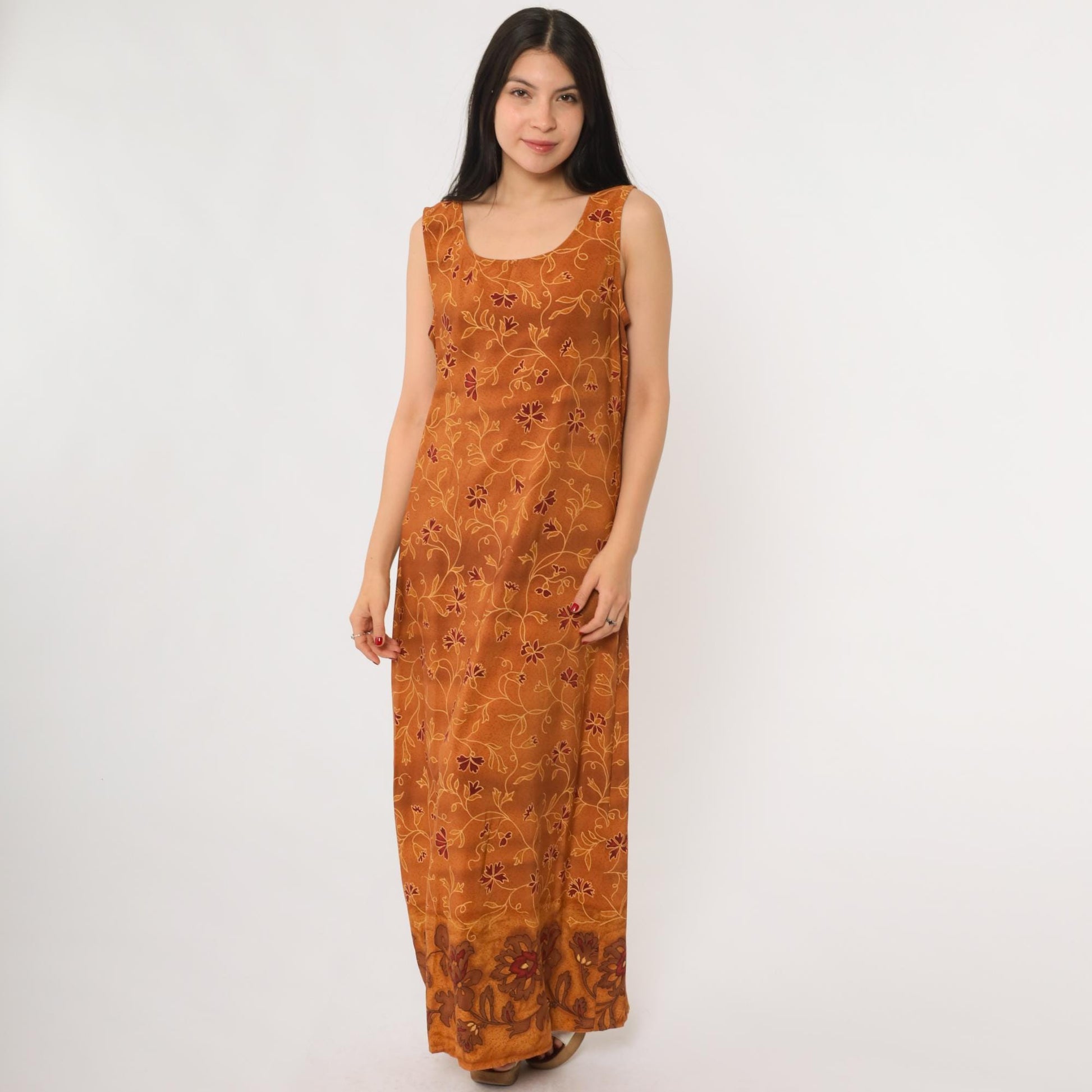 90s Burnt Sienna Floral Maxi Dress Sleeveless Tank Scoop Neck Large L