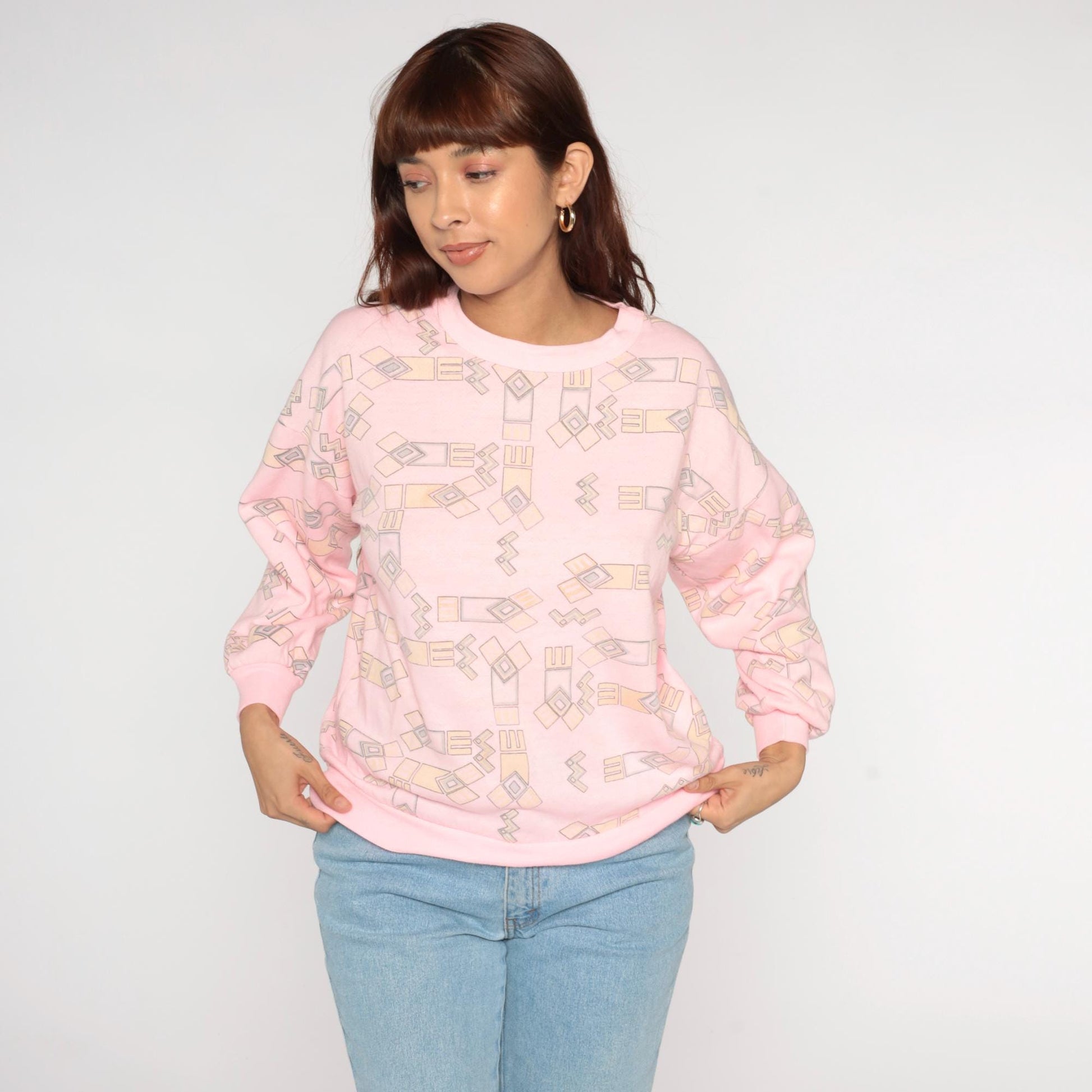 90s Julie Girl Pink Geometric Sweatshirt Crew Neck Abstract Pattern Small